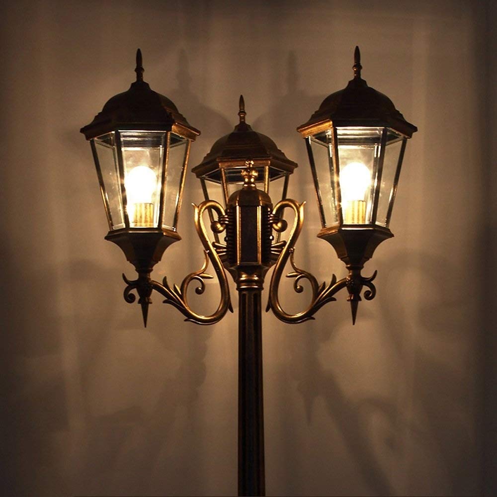 Lanterne en verre vintage européen pour parc, lampadaire de rue, lampe de chemin 3 lumières américaines vintage alimentées par poteau pour allée, allée en aluminium, métal, patio, jardin