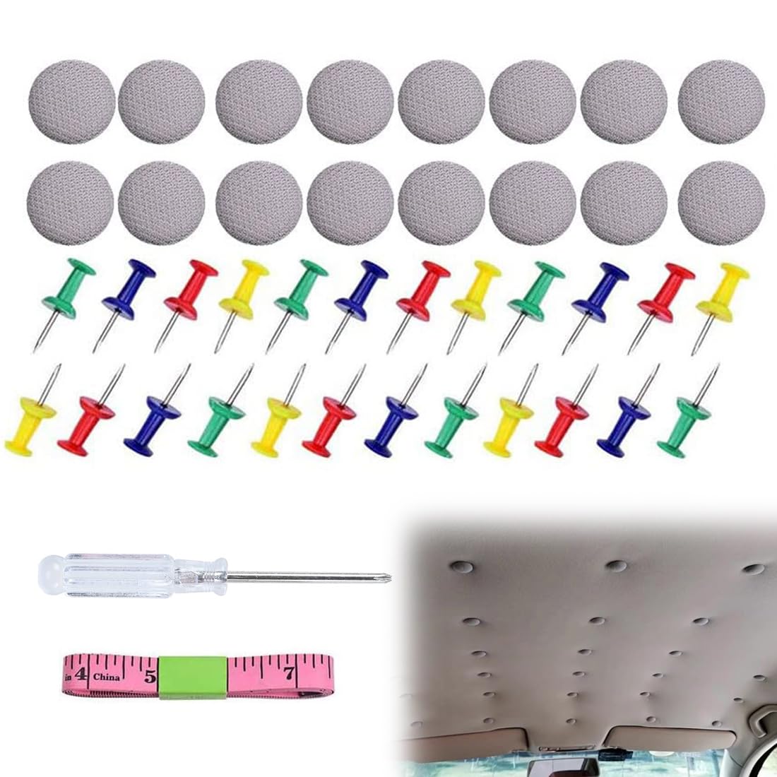 Kit Riparazione Cielo Auto, 65 Rivetti per Riparazione Tetto Auto + 65 Puntine Colorate+1 Cacciaviti+ 1 Metro a Nastro, Ripara Cielo Auto Set Riparazione Cielo Auto(grigio)
