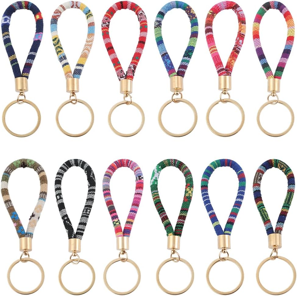 24Pcs 12 Colors Boho Keychain Wristlet Woven Key Chain Polyester Colorful Bohemian Style Summer Surfer Hanging Gold Iron Keyrings Accessories for Car Keys Wallet Purse Gift Holder Decoration