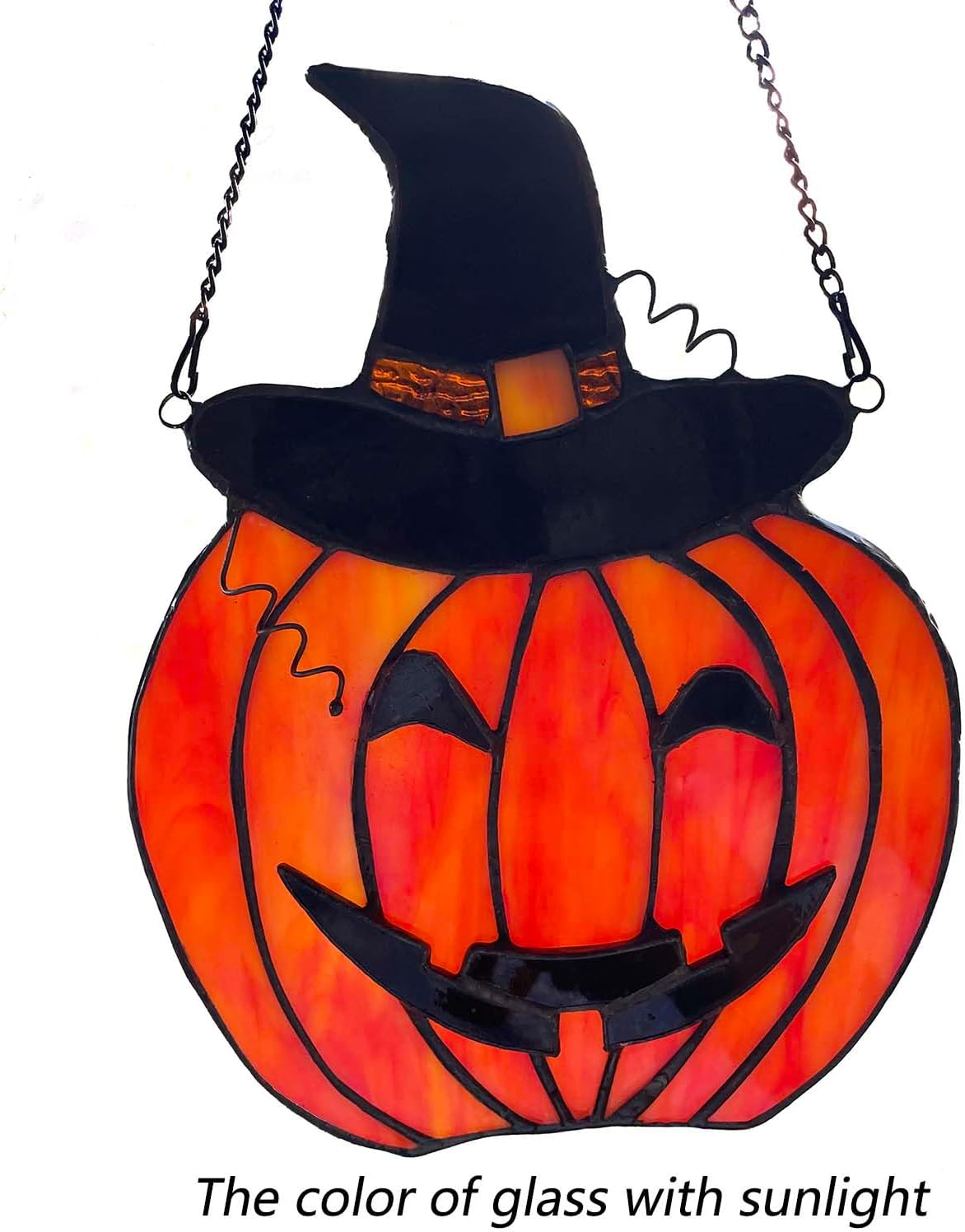 Bieye W10106 Carved Pumpkin with Witch Hat Tiffany Style Stained Glass Window Panel for Home Decor