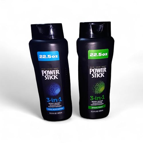Power Stick 3-in-1 Body Wash Shampoo Conditioner, 22.5oz, Cool Blue Water & Spring Fresh, 2 packs.