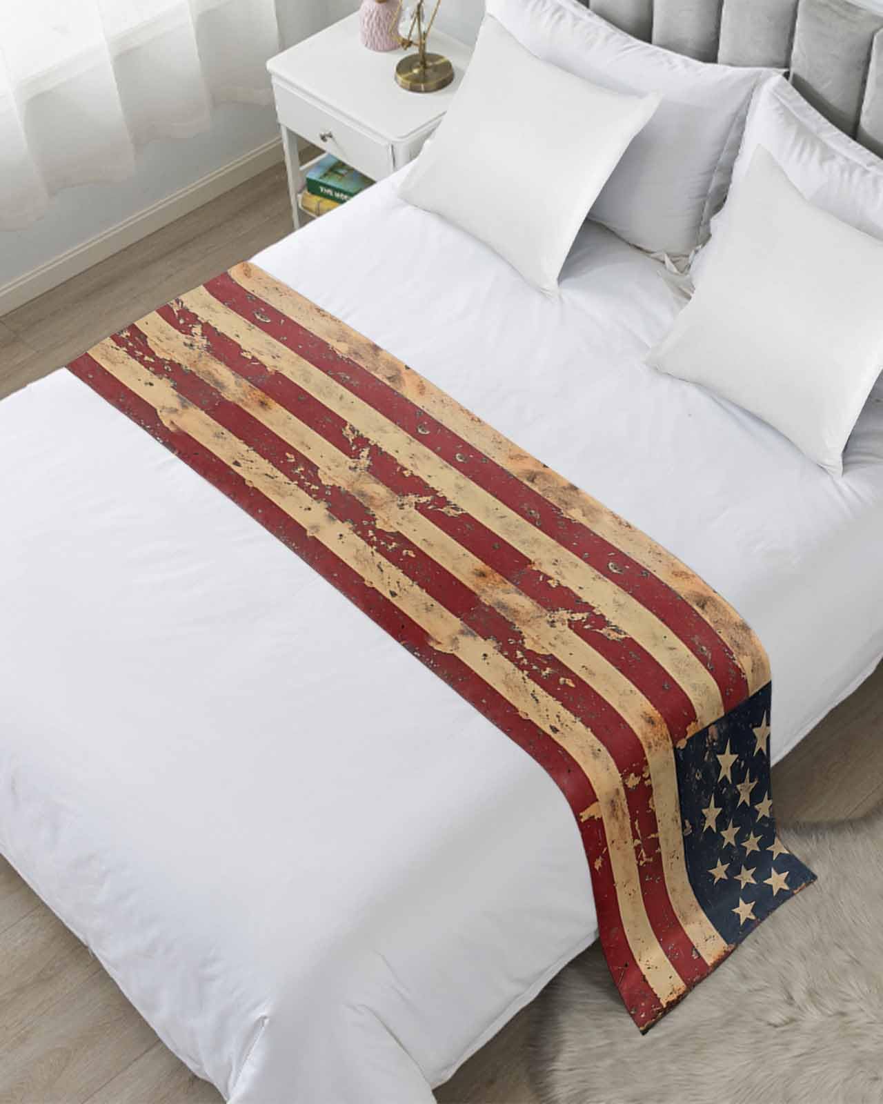 DecorLovee Vintage American Flag Bed Runners for Cal King Size Bed, Decorative Bed Throws for Foot of Bed, Retro US Flag White Red Blue Bed Runner Sofa Throw Bedding Scarf Protector for Bedroom