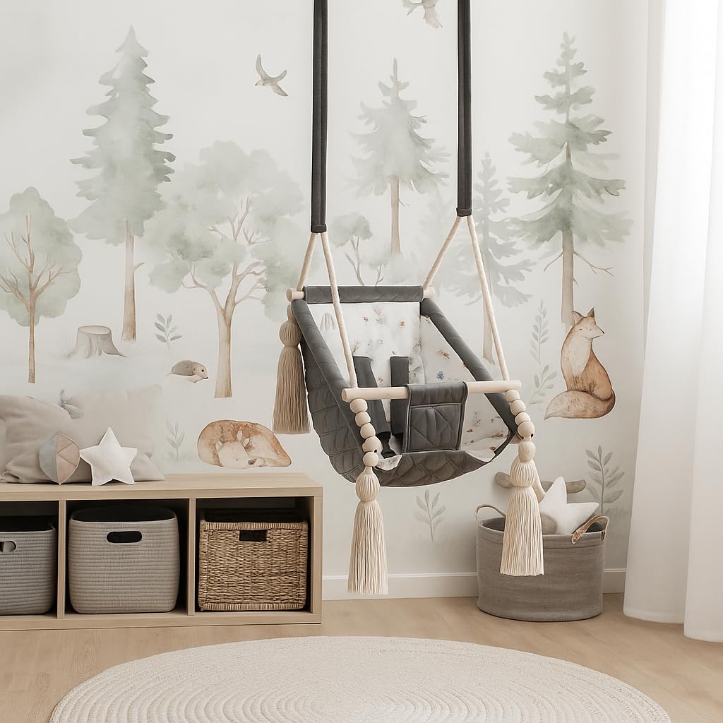 Altalena Bambino Grigio Scuro Velluto, Amaca Interna 2m+, Personalizzabile con Nome Ricamato, Made in Europa, Sedile sospeso sicuro 25kg