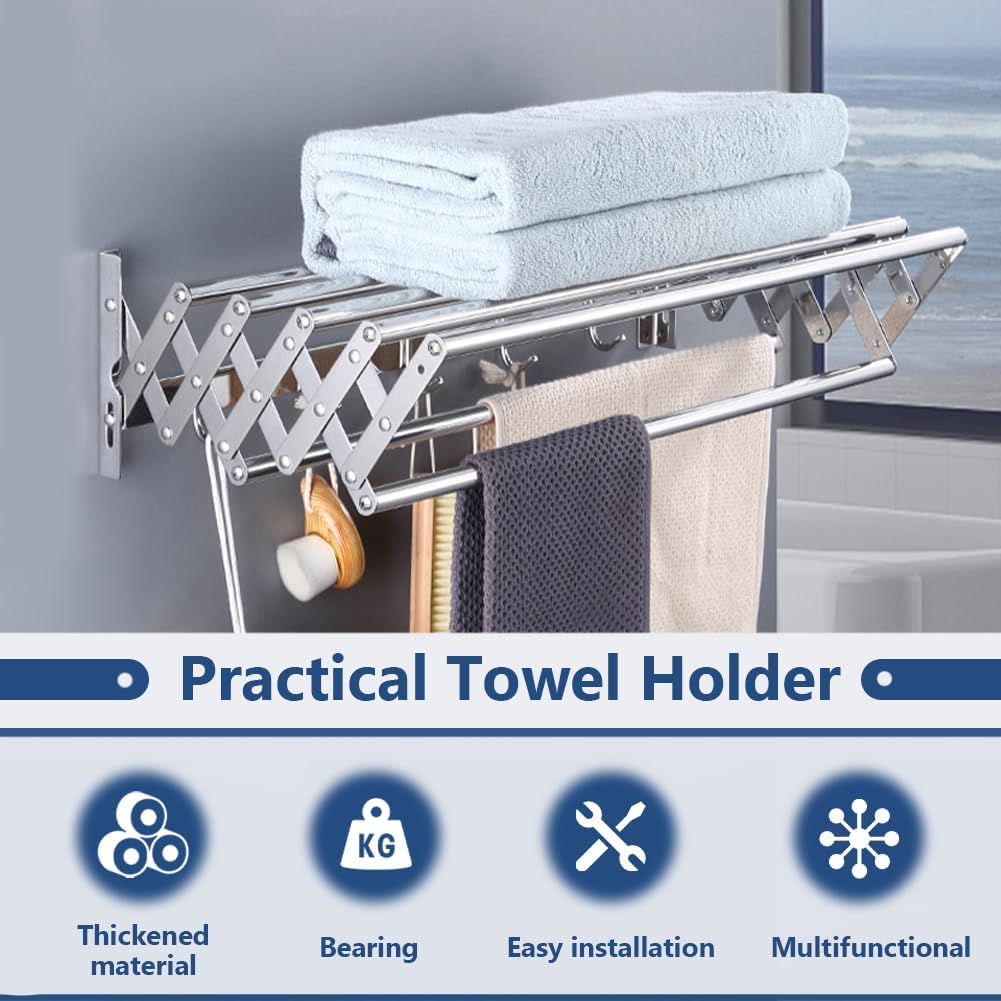 Wall Mounted Clothes Drying Rack 7 Rods 5 Hooks Retractable Collapsible Clothing Hanger Rustproof Laundry Hanger Space-Saving for Bathroom/Tower