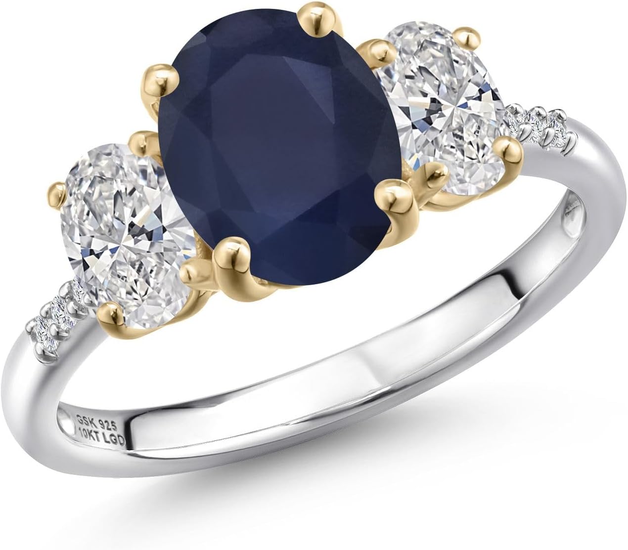 3.26 Cttw Blue Sapphire and White Lab Grown Diamond Engagement Ring For Women | 925 Silver and 10K Yellow Gold | Oval 9X7MM | Wedding Engagement Anniversary Promise Ring