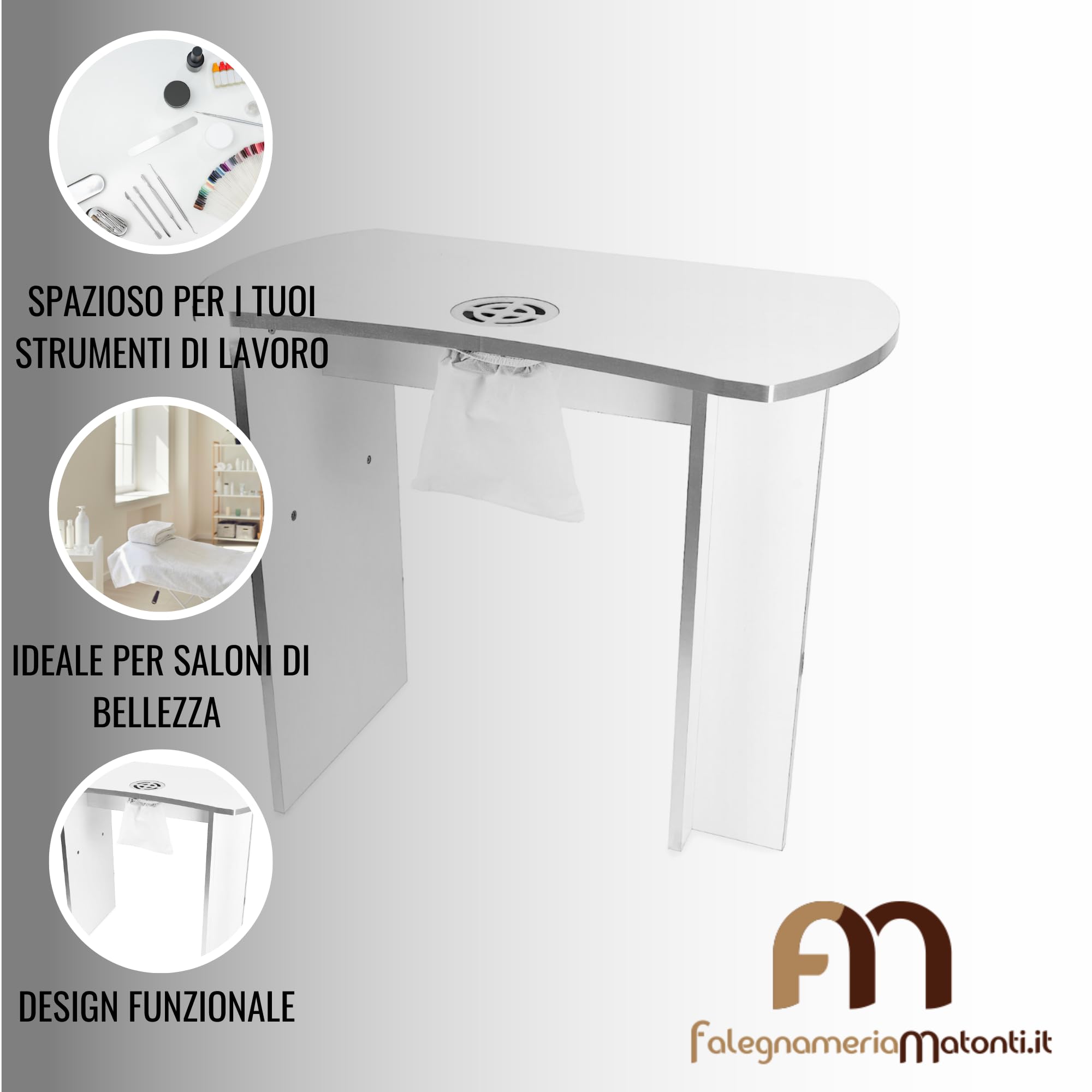 Matonti - Tavolo Manicure Professionale per Unghie con Aspiratore Elettrico e intarsi in acciaio - Ideale per Nail Art Ricostruzione Unghie, + Aspiratore per Polveri - Made in Italy, in Legno Bianco