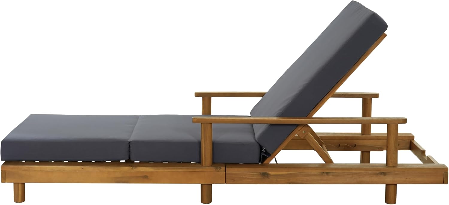 Christopher Knight Home Tuki Acacia Wood Chaise Lounge Chair Outdoor, Poolside Sun Lounger Recliner, Outdoor Chaise Lounge with 3-Fold Cushions, Adjustable Backrest Single Lounge Sofa, Dark Grey+Teak
