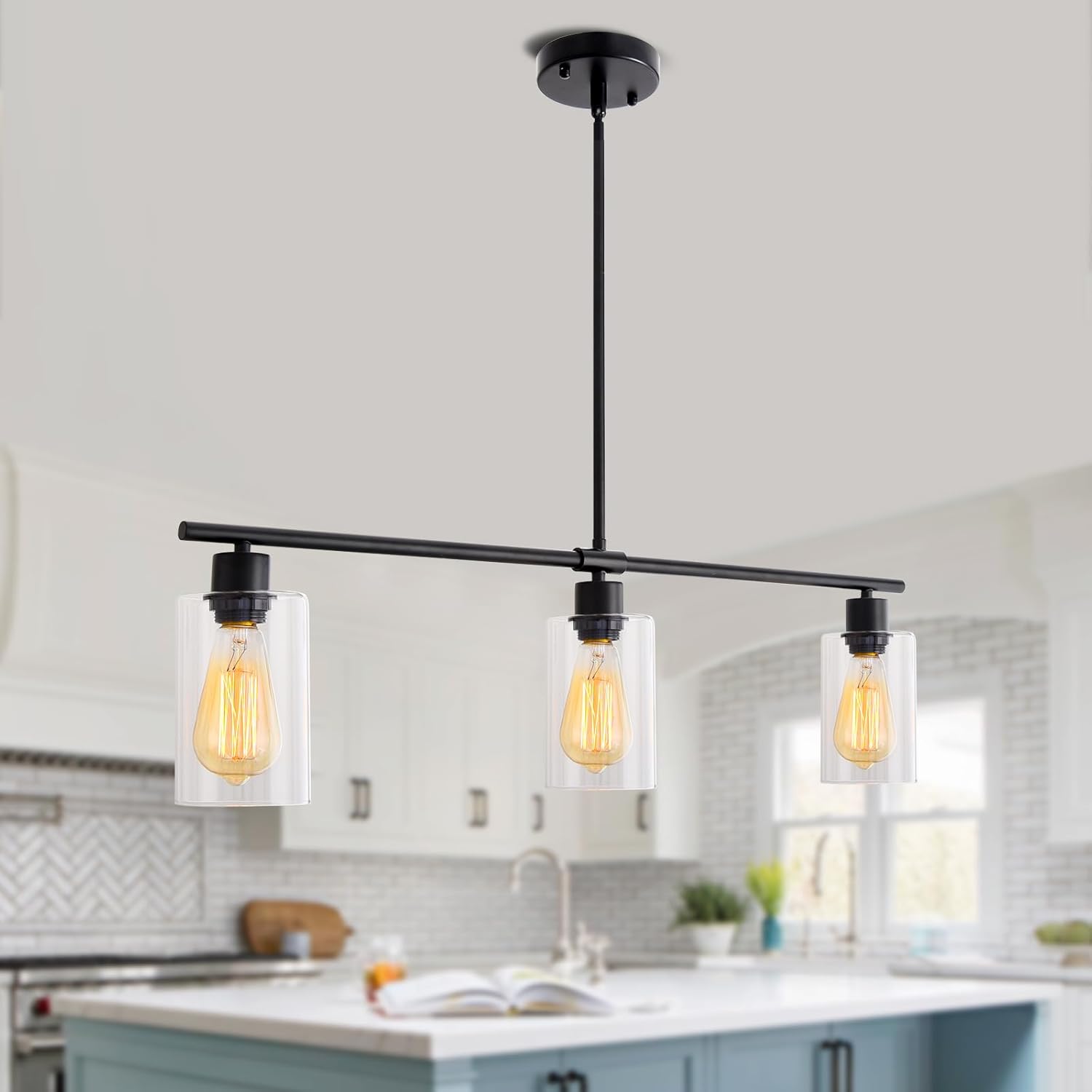 Kitchen Island Lighting, 3 light Black Farmhouse Pendant Lights Kitchen Island with Glass Shades, Island Chandelier Dining Room Lighting Fixtures Adjustable Height, Modern Kitchen Table Light Fixture