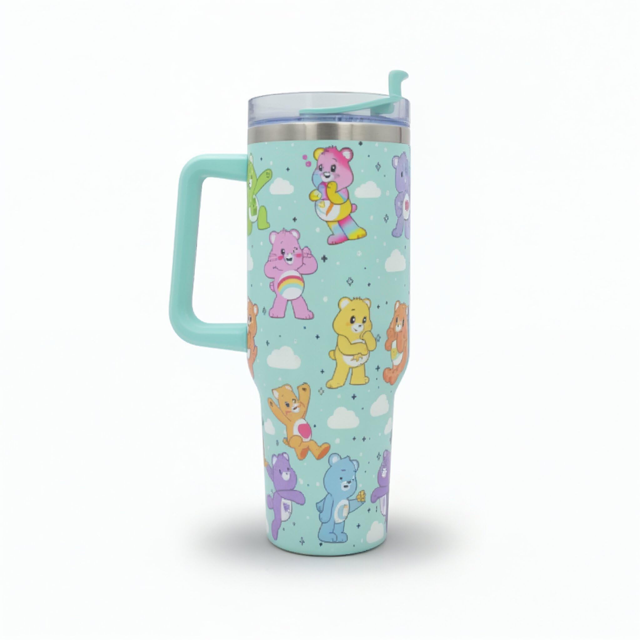 Care Bears 40oz / 1200 ML Tumbler with Straw & Lid | Leak & Spill Proof Travel Mug | Stainless Steel Double Wall Vacuum Insulated Water Bottle with Handle Keeps Cold for 17Hrs or Hot for 5Hrs