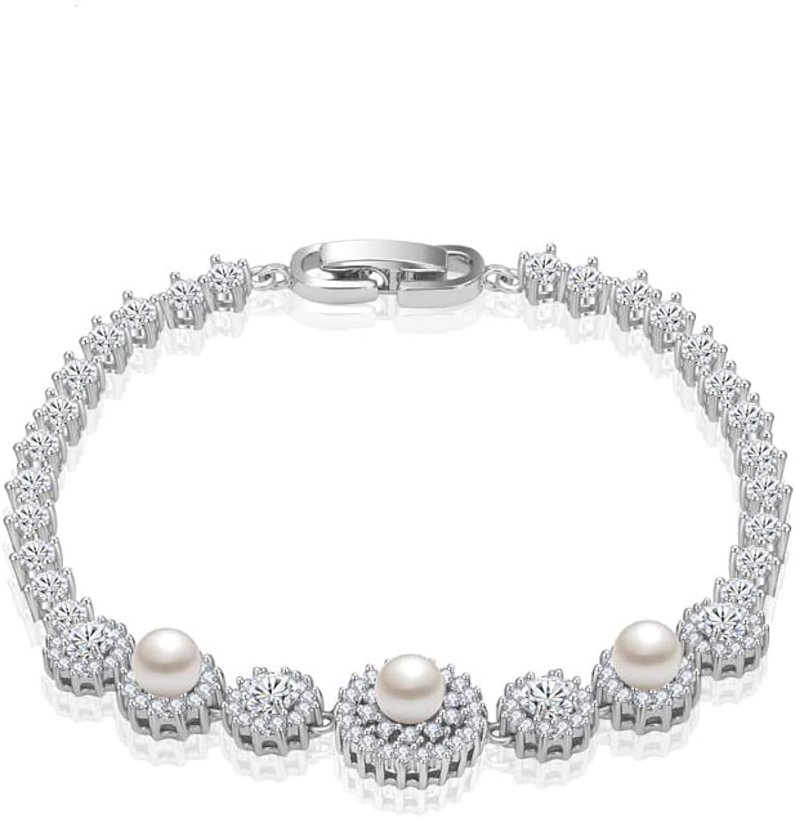 14K Gold Freshwater Pearl Bracelet for Women,Dainty Cultured White Pearl Moissanite Link Bracelet,Fashion Pearl Jewelry Gift for Her