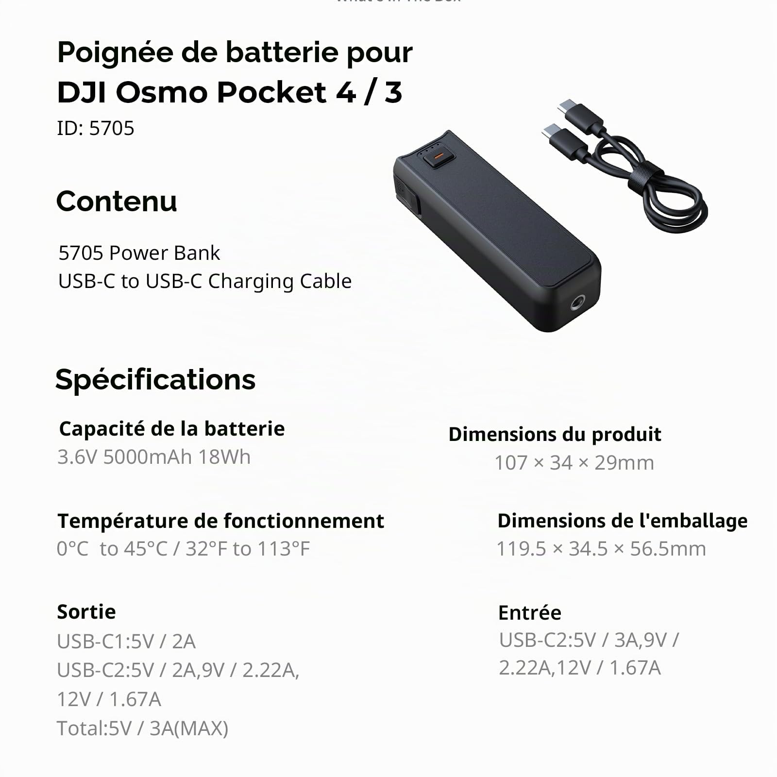 SMALLRIG Poignée d'alimentation Osmo Pocket 4/3 pour DJI, Batterie 5000 mAh avec Charge Rapide 20 W, Connexion Audio directe pour Micro sans Fil, Filetage 1/4" pour trépied/Perche à Selfie - 5705
