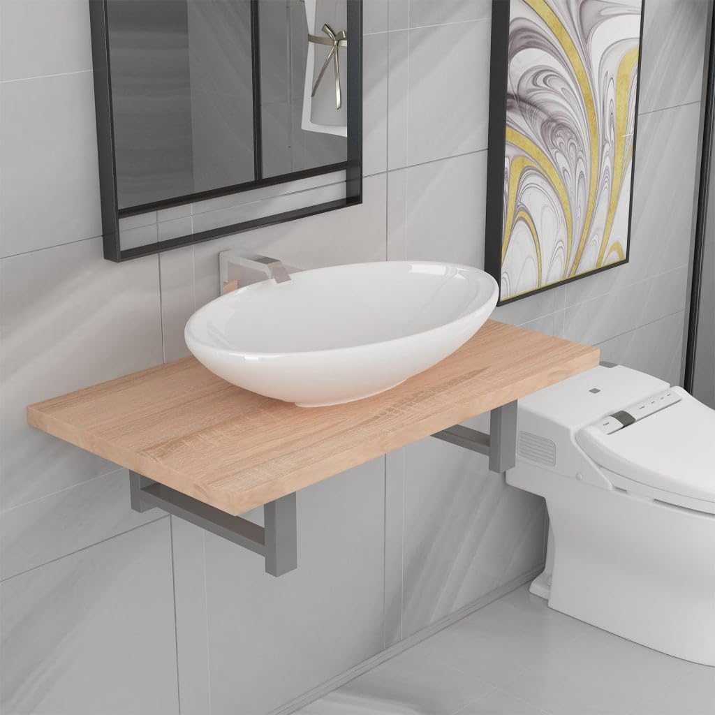 vidaXL Set Mobili da Bagno 2 pz Stabile e Durevole Elegante Mensola a Muro con Lavabo Lucido in Ceramica Rovere Piano in Truciolato e Metallo
