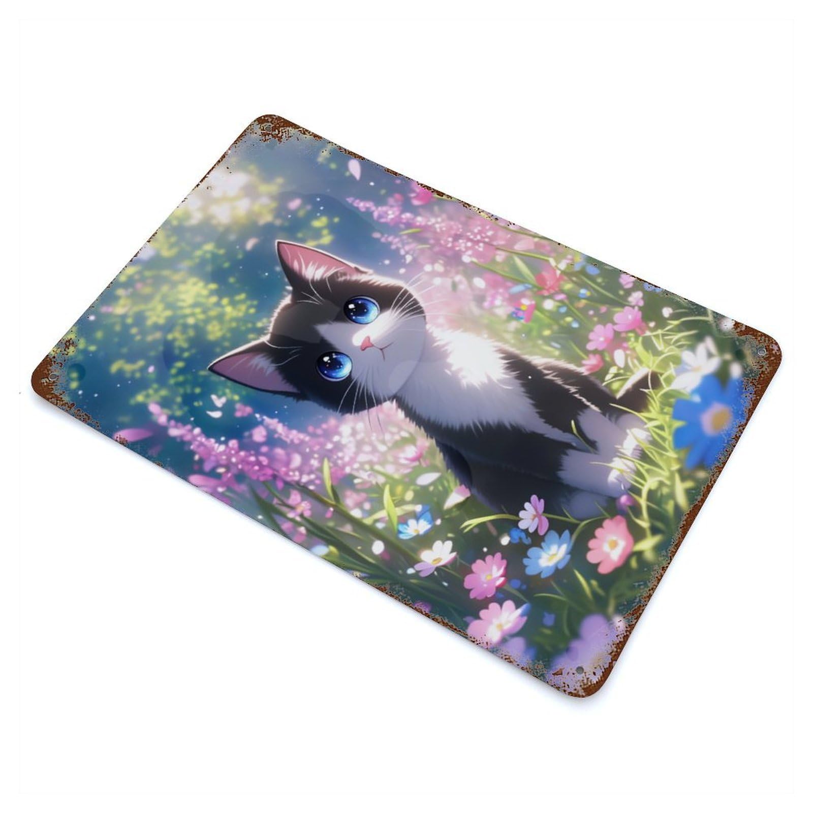 Distressed Metal Wall Sign with Cute Baby Cat in Meadow Design 11.8"x7.9", for Farmhouse, Kitchen And Entryway Decor, Old School Wall Decor