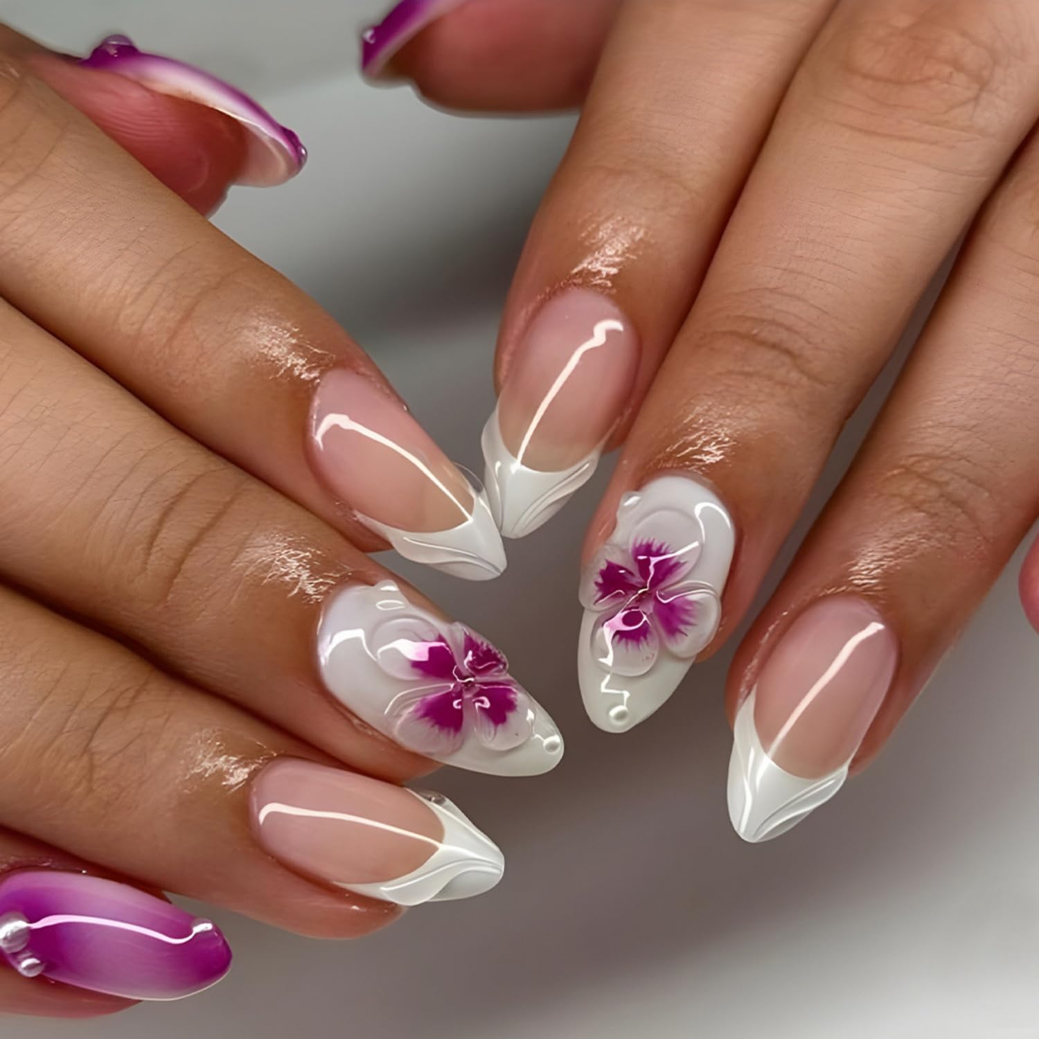 3D Flower Medium Almond Press on Nails Fake Nails White French Tip with Floral and 3D Rhinestones Designs Full Cover Glossy Glue on Nails Acrylic