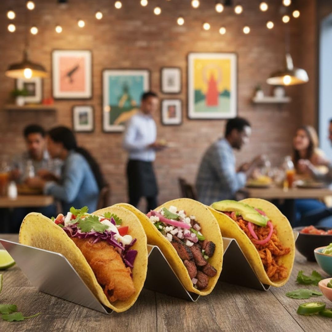 Soro Essentials- Set of 2 Stainless Steel Taco Holder 2-3 Slots- Soft or Hard Taco Shell Holder Stands for Party Taco Rack Street Taco Rack Taco Tray Plates Keeping Shells Upright Brushed finish