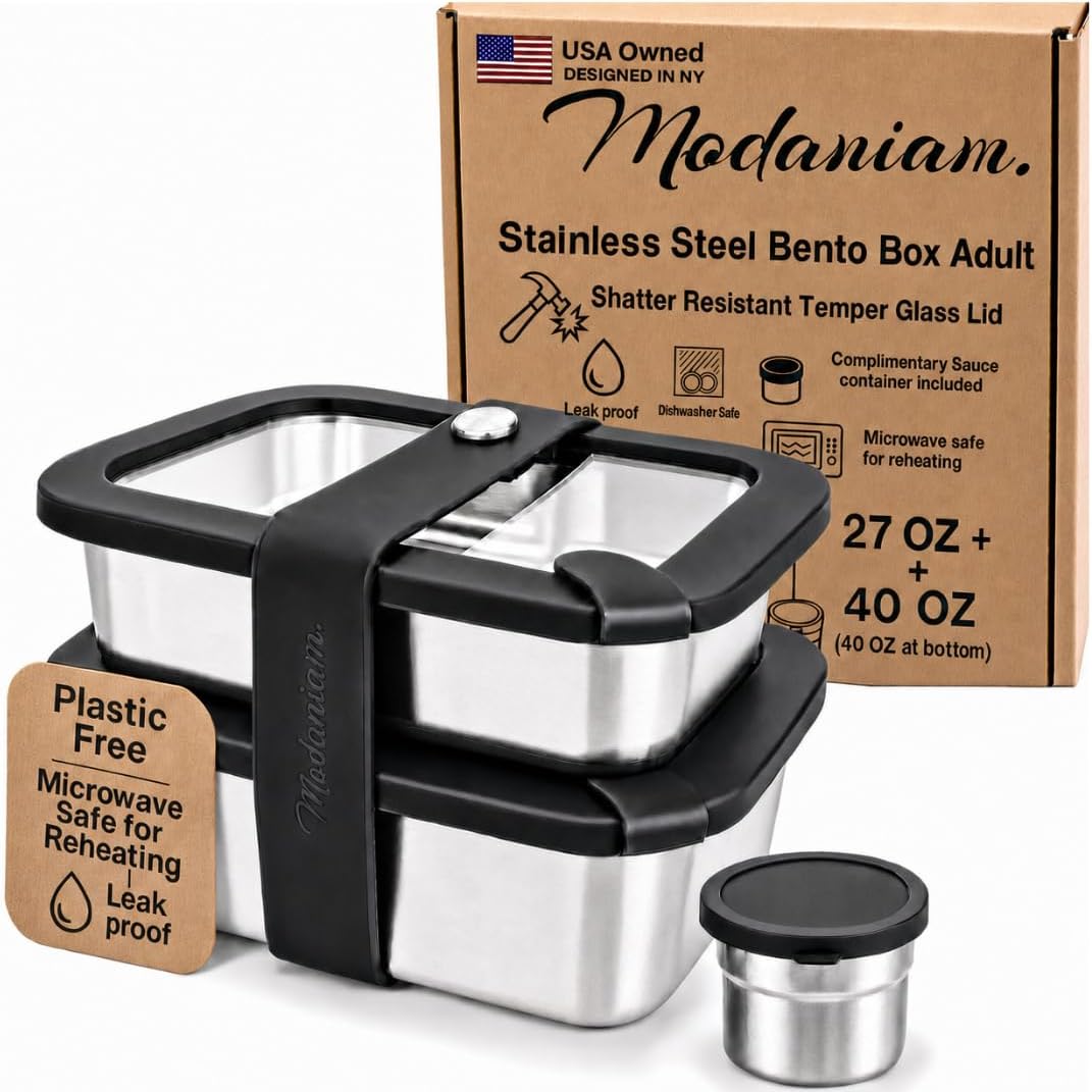 Modaniam Stainless Steel Bento Box Adult 40 OZ & 27 OZ Lunch Box Containers with Tempered Glass Lids, Meal Prep, No plastic -Silver