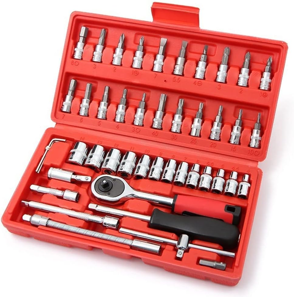 1/4'' Drive Socket Ratchet Wrench Set with Storage Case, Includes Metric Bit Socket Set and Extension Bar for Auto Repair and Home Maintenance (One Size 46Pcs)