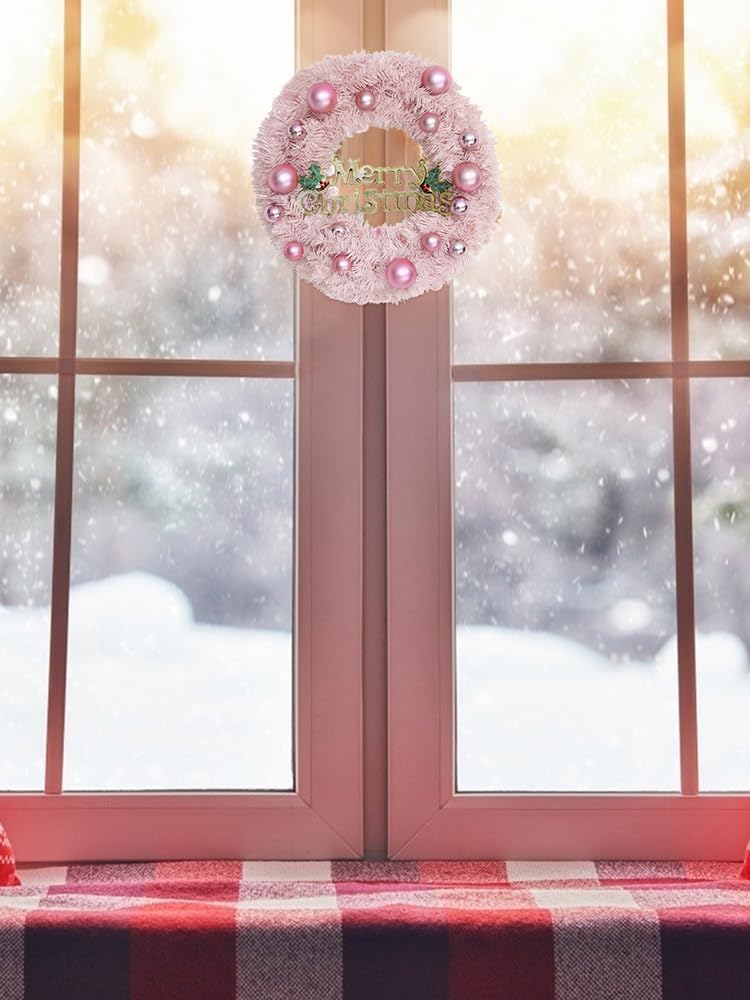 Merry Christmas Pink Wreath, 15.7 inch Pink Artificial Christmas Wreath with Ornament Balls, Christmas Decorations Indoor Outdoor for Front Door Wall Porch Home Decor(L)