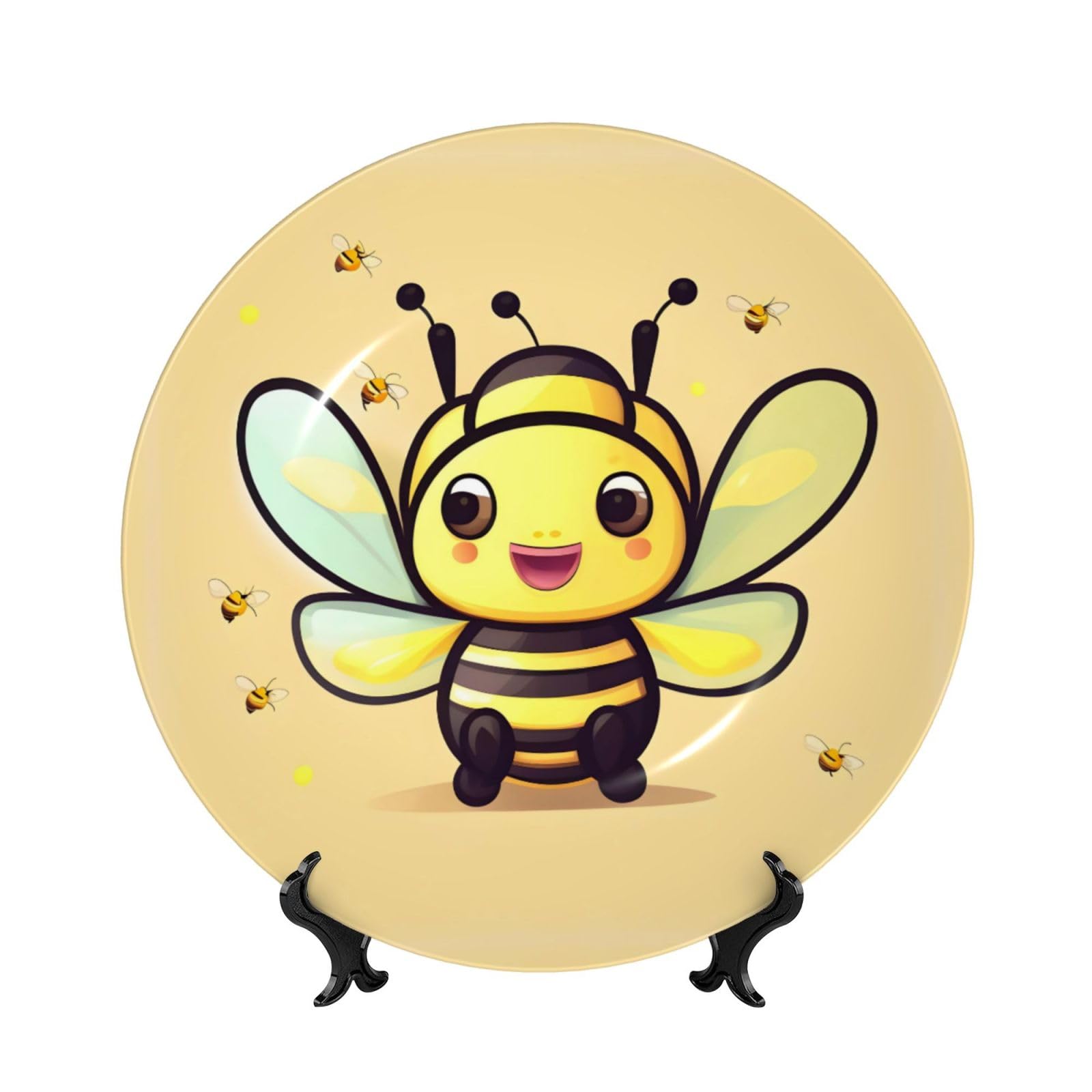 SXZVVBN Yellow bee Bone China Decorative Plate Art with Stand Removable Adhesive Hanging for Home Office 10in（25cm）