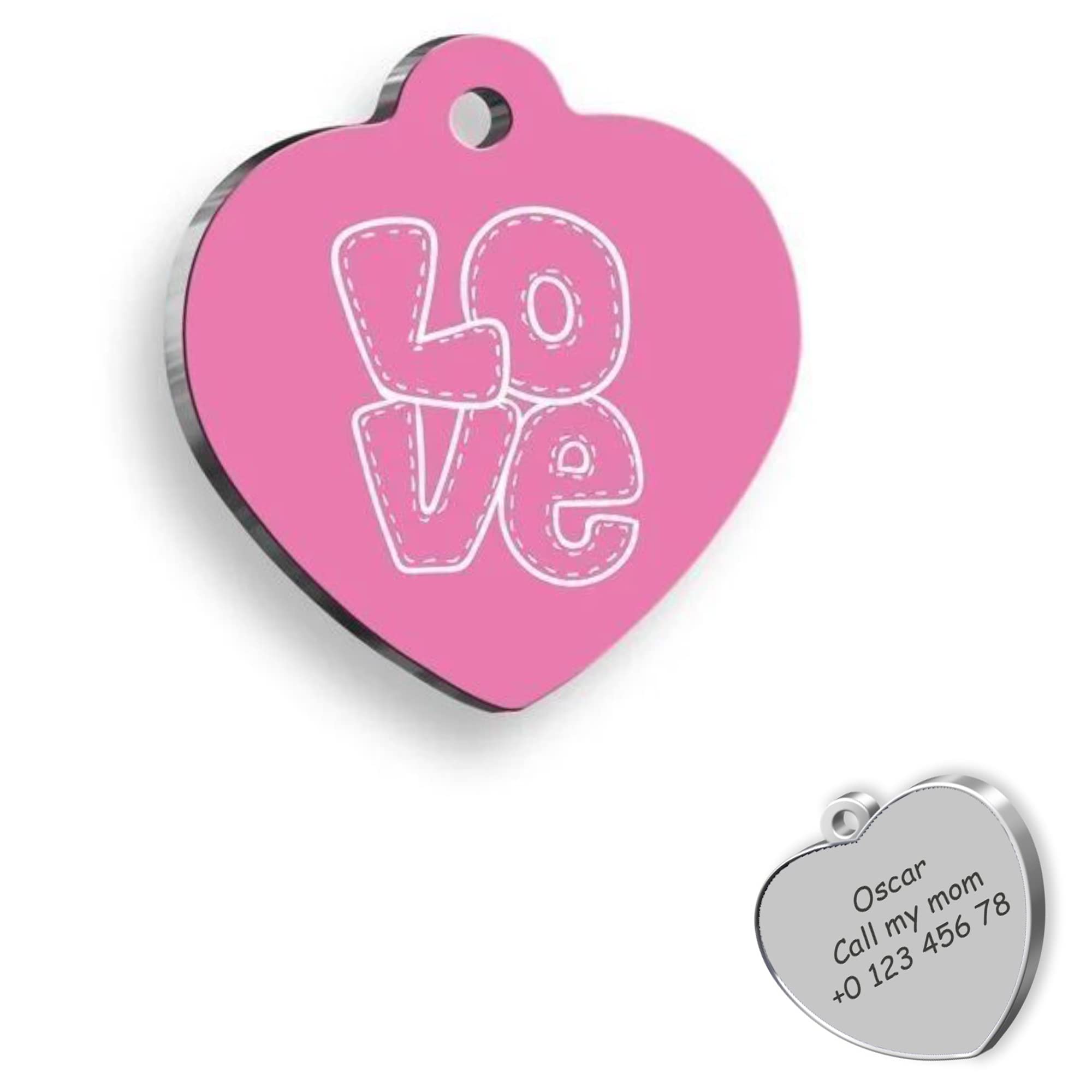 Pink Heart Love Personalized Dog Tag - Custom Name Tag - ID Tag for Dog & Cat - Customized Pet Tags - Dog & Cat Name id Tag - Dog Name Tag - Engraved Dog Tag