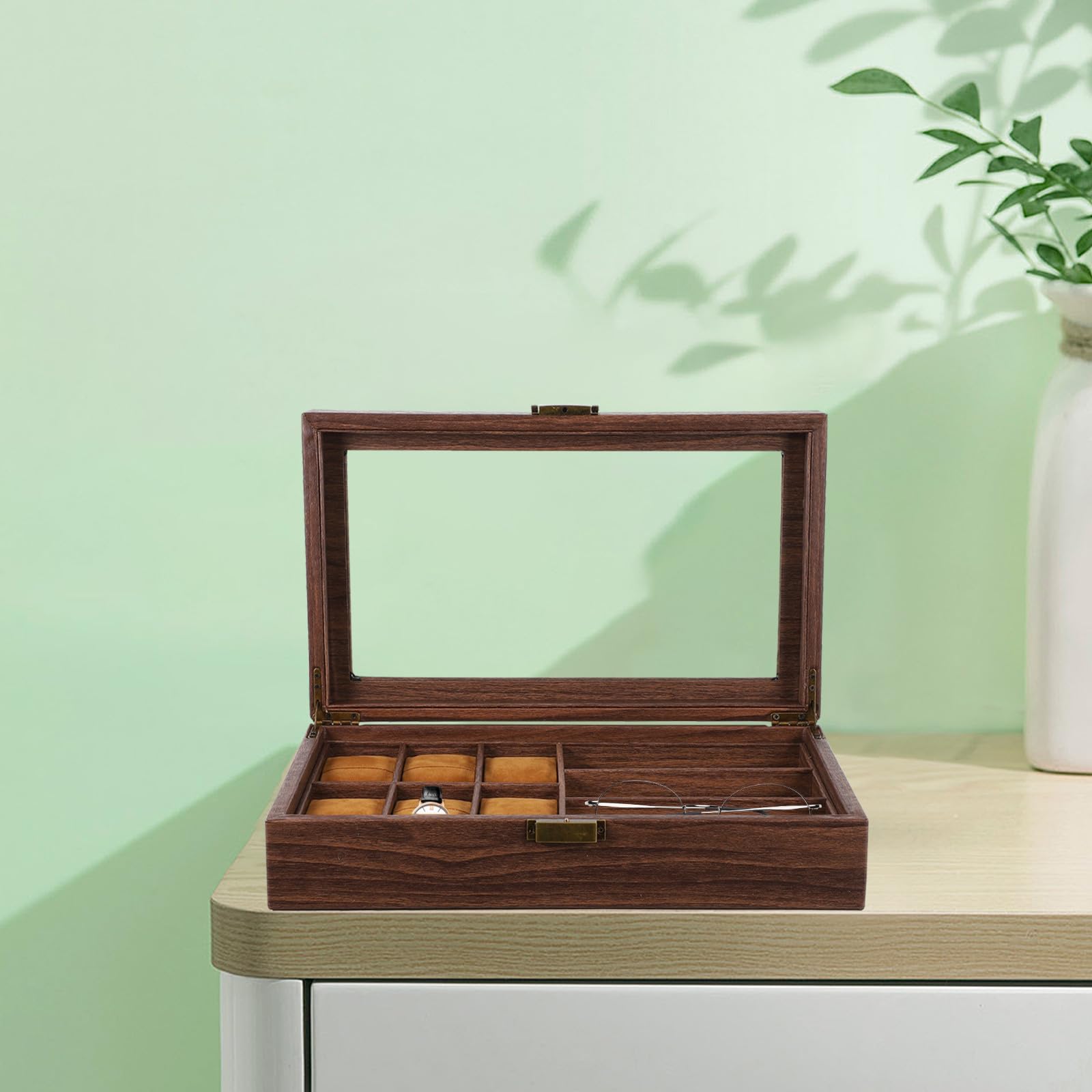 TOYANDONA Caja Organizadora y 3 Espacios Retro de Relojes y Gafas de Madera 6 Compartimentos Estuche Funcional para Almacenamiento y Exhibición para Relojes para Gafas