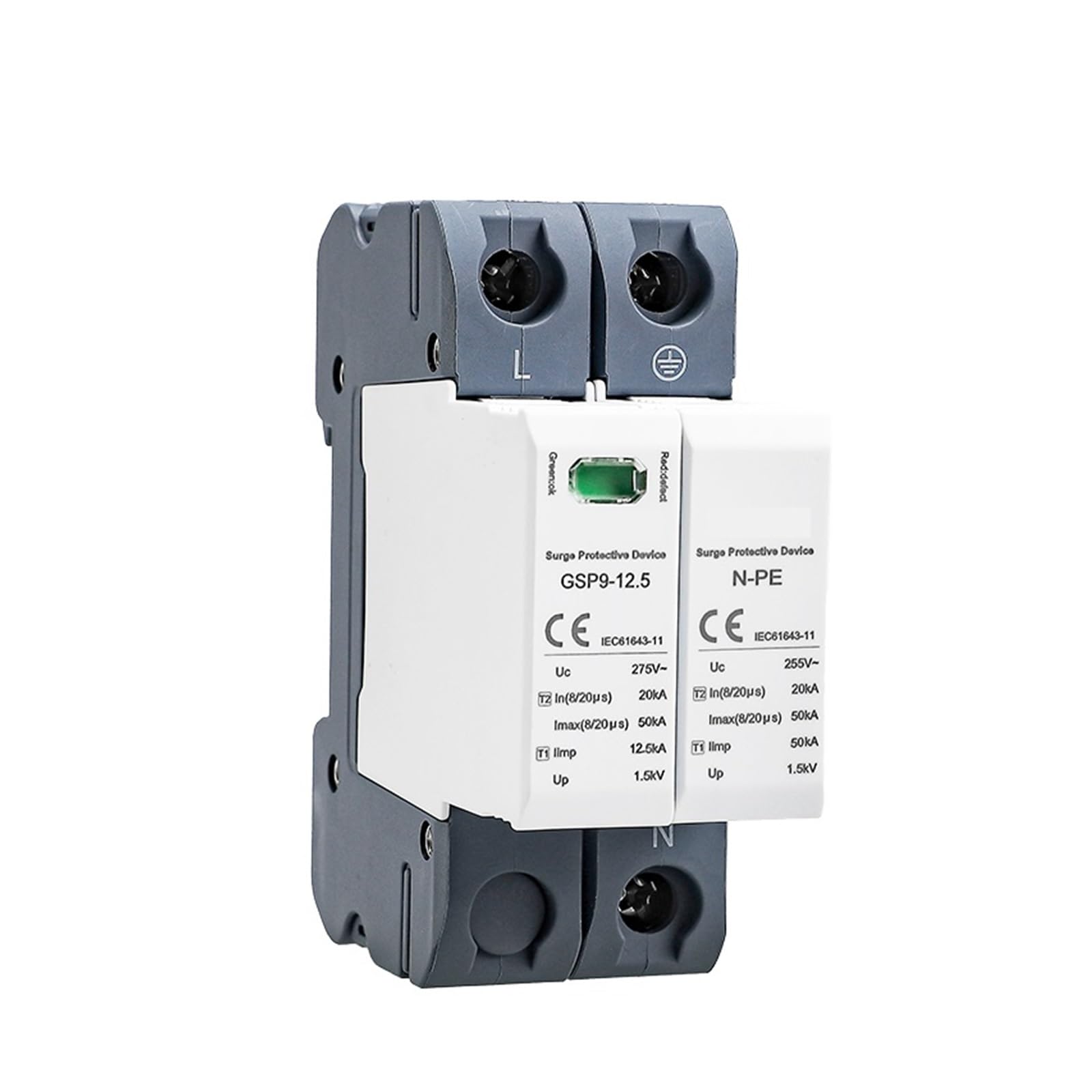 Dispositivo di protezione contro le sovratensioni GSP9 12,5KA T1+T2 50KA Tipo 1 SPD 2P 1P+NPE Protezione da sovratensione 275VAC Din Rail Protezione da sovratensione domestica con fulmini(1P NPE 12.5K