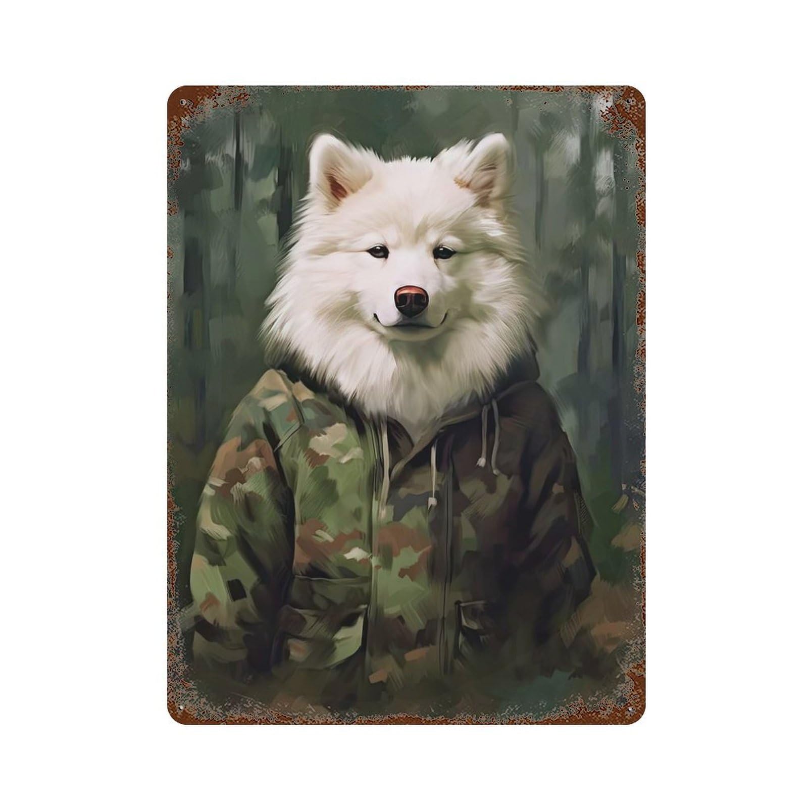 Samoyed Camo Jacket Rust Effect Tin Sign 15.7"x11.8", Rustic Home Decor for Garage, Pub Or Kitchen