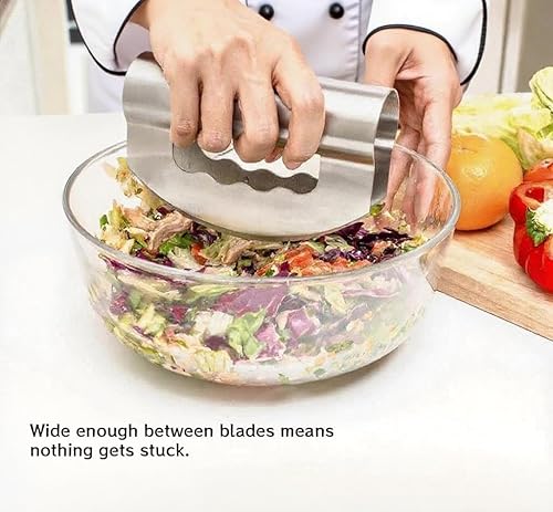 Miniatura 5 de Picador de ensalada con cubierta protectora, cortador de ensalada de doble hoja, cuchillo mezzaluna de acero inoxidable para picar lechuga, ensalada