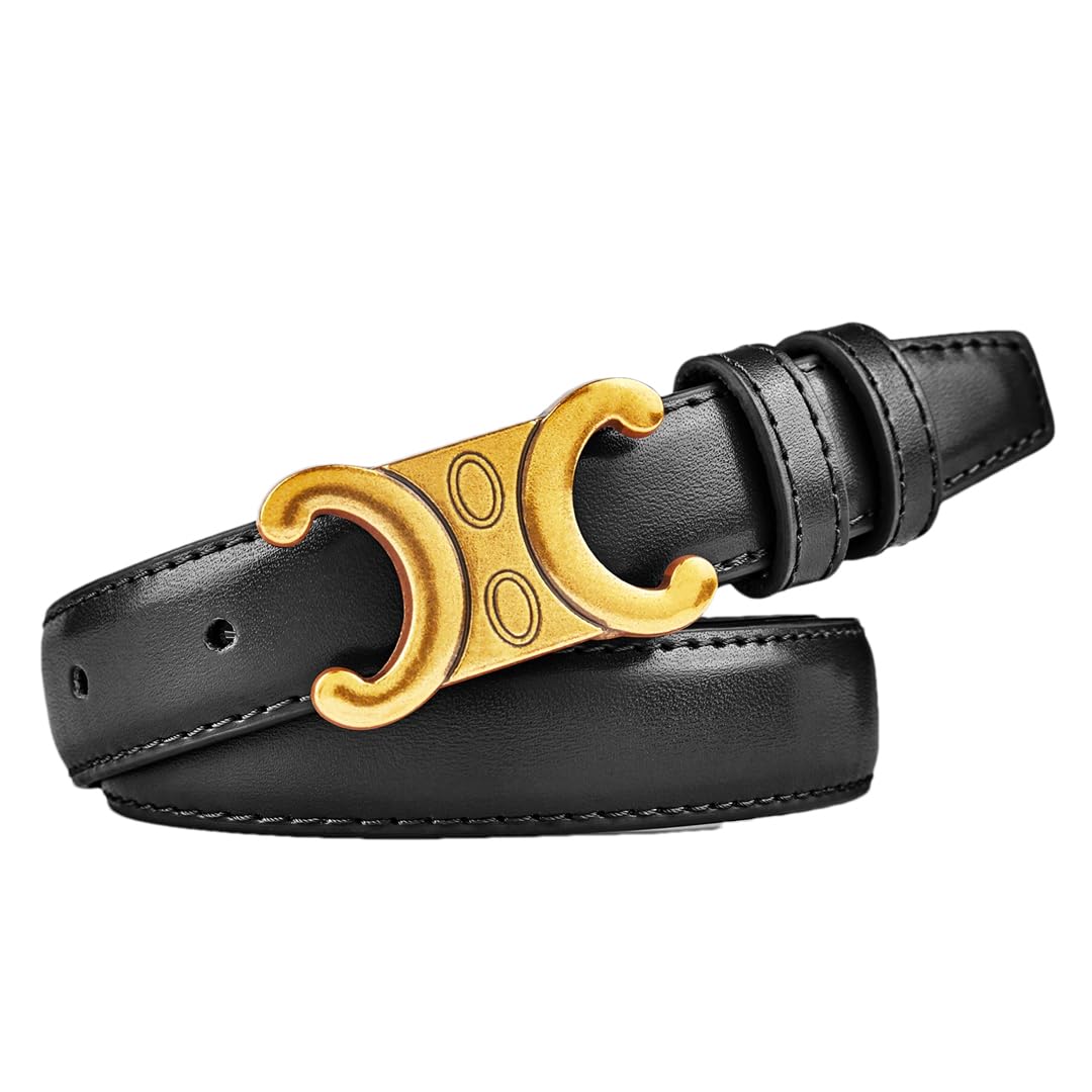 Women’S Fashion Genuine Leather Belt Gold Buckle 2.2Cm Wide Matching Dress Jeans