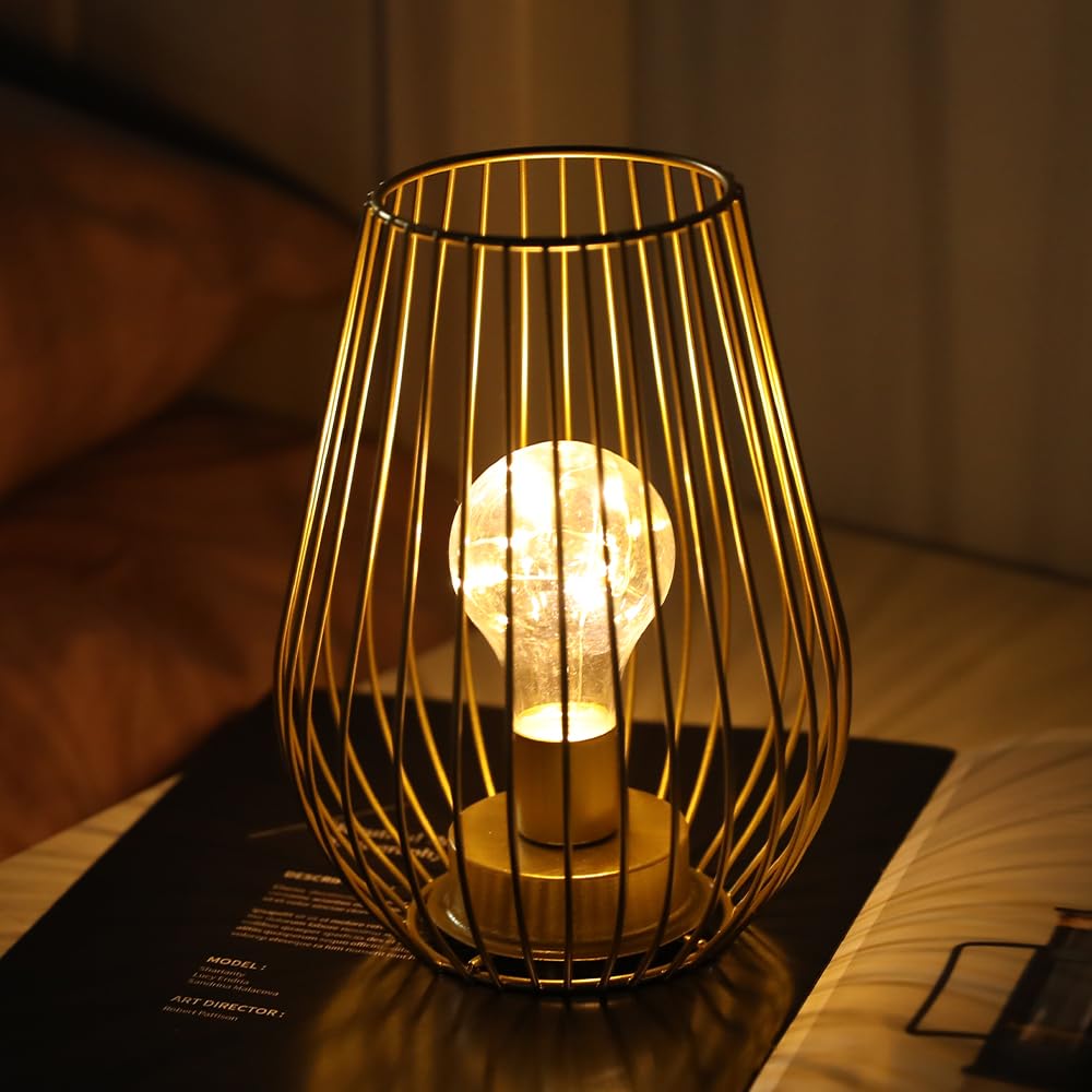 Trirocks Gold Single Metal Battery Operated Table Lamp 21 Cm Tall Cage Shape Cordless Lanterns With Warm Fairy Lights Bulb For Bedside Patio Garden Wedding Parties Indoor Outdoor (Golden)