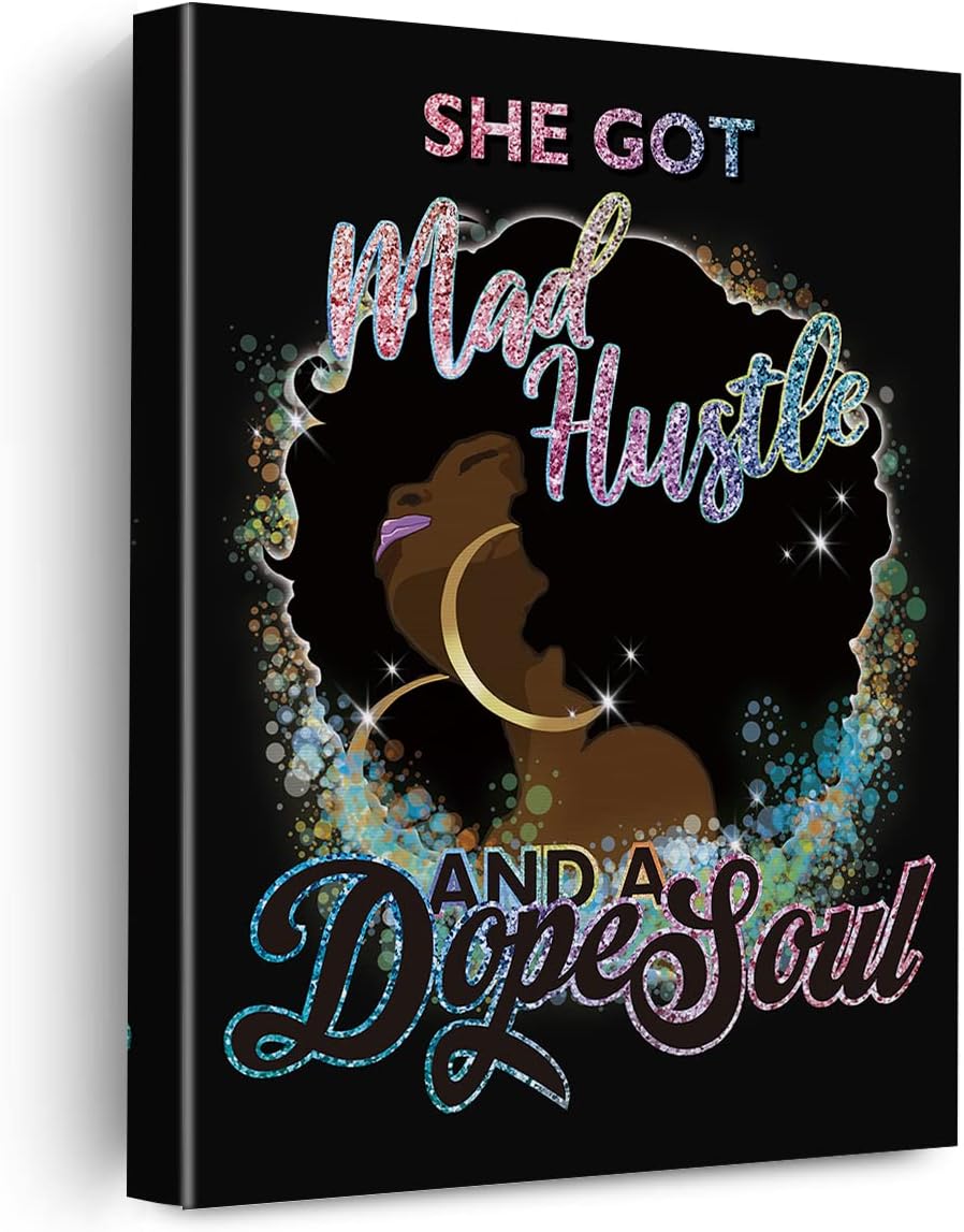 EVXID Inspirational Quote She Got Mad Hustle and a Dope Soul Canvas Poster Painting Wall Art, Afo Girl Black Woman Picture Print Artwork Framed Ready to Hang for Home Bedroom Decor 12 x 15 inch