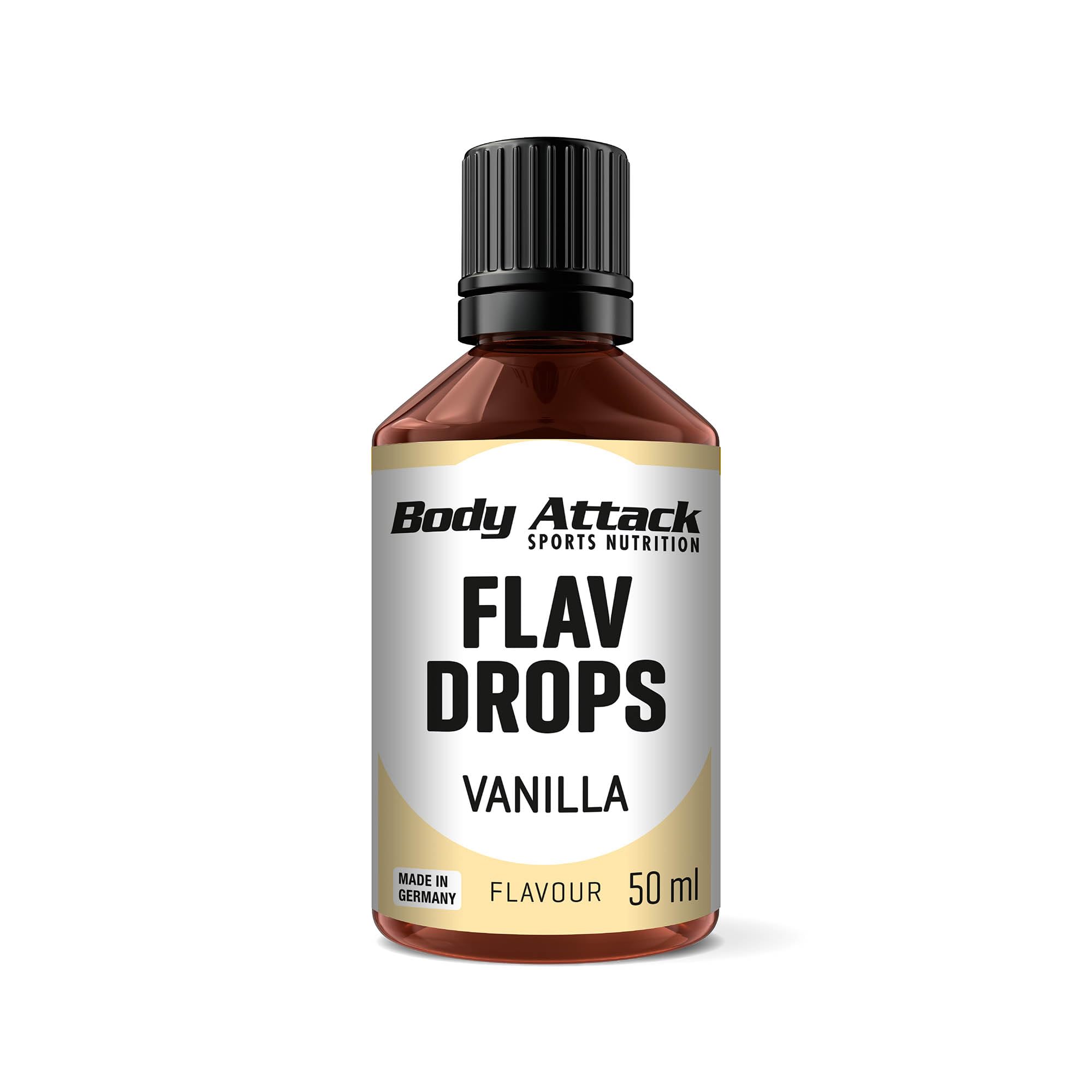 Body Attack Flav Drops - Vanille - 50 ml - Vegane Geschmackstropfen - zum Versüßen von Porridge, Müsli & Co. - Hochkonzentrierte Aromen, purer Genuss - Aspartamfrei, zucker- & fettfrei, 0 Kalorien