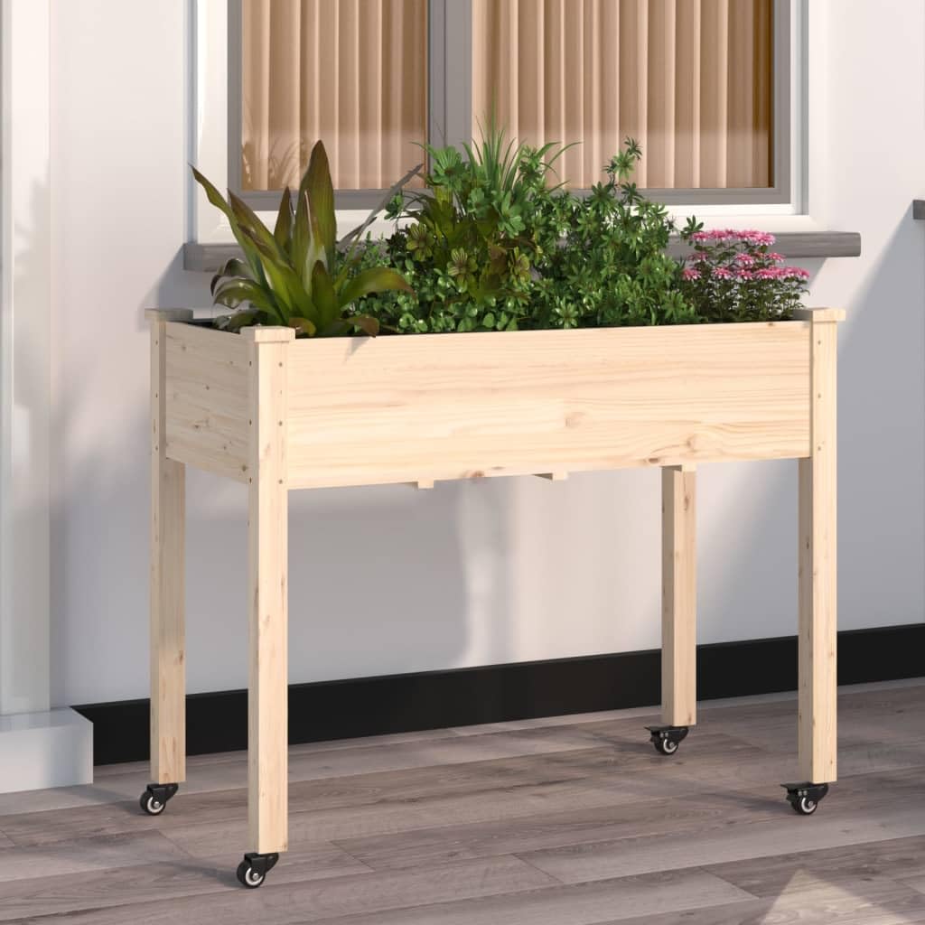 Macetero de madera maciza de abeto 118 x 59 x 80 cm con inserto y ruedas, jardinera para jardín y balcón, bancal alto con agujeros de drenaje, móvil y resistente a la intemperie