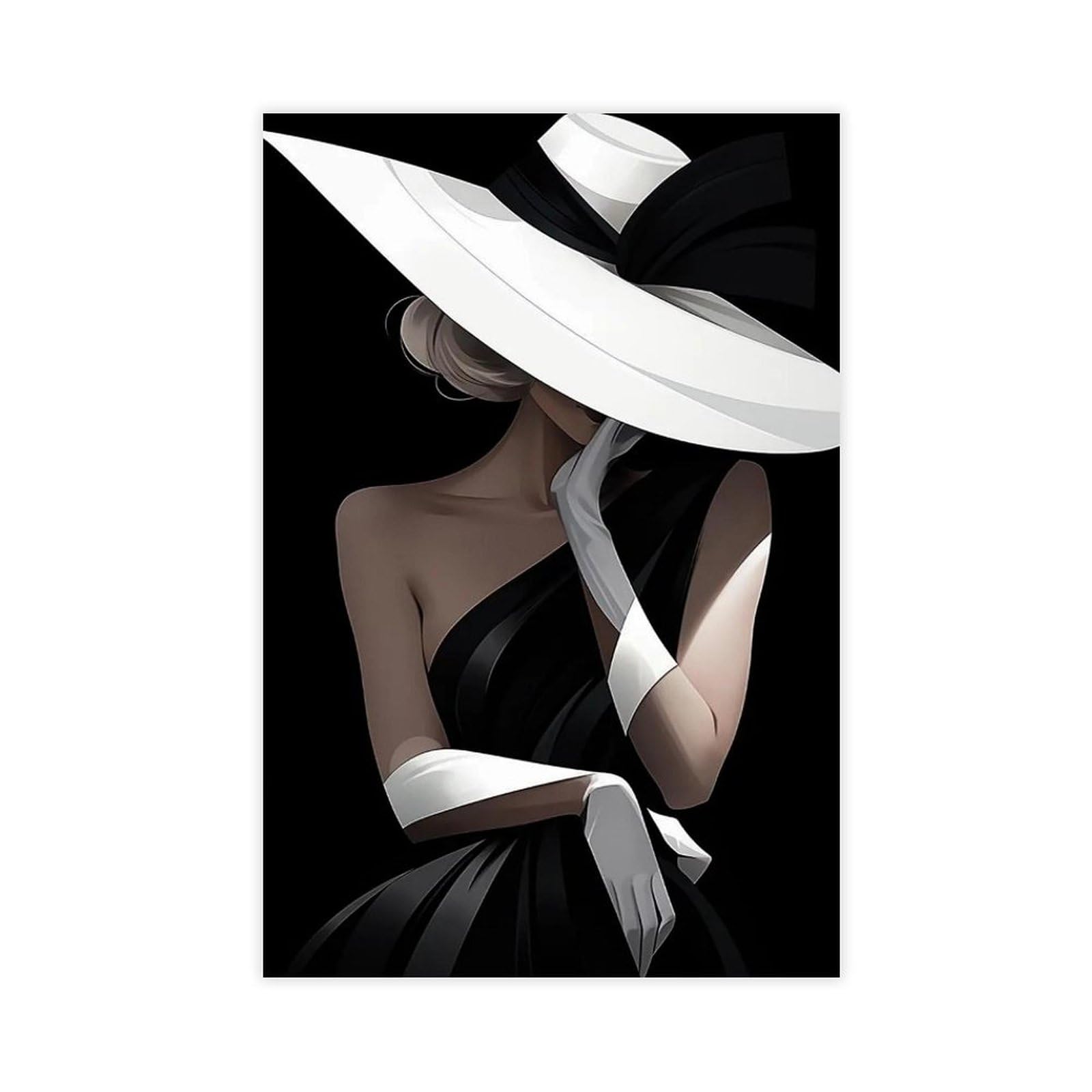 Wjwart Chic Woman In Black Dress With White Hat Canvas Poster Wall Art Print Picture Paintings 16X24inch(40X60cm)