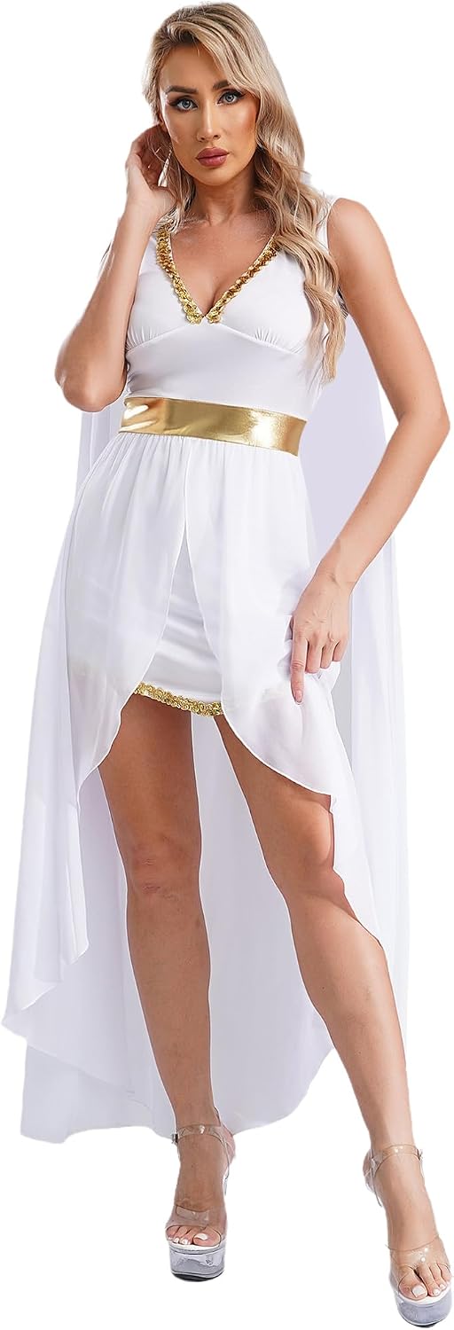 Agoky Women's Grecian Dress Sexy Toga Greek Queen Dress V Neck Cape Sleeve Halloween Costume