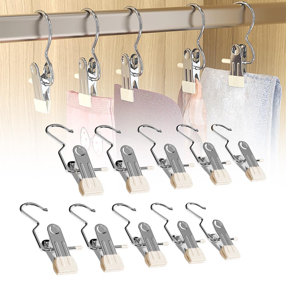 EHOTER 10 PACK Space-Saving Clothespin Hat Pants Storage Hanging Travel Hook, 360° Rotating Stainless Steel Metal Hanging Hook Clips, Hanger Clips Towel Clips Boot Hangers for Closet (10 PACK,White)