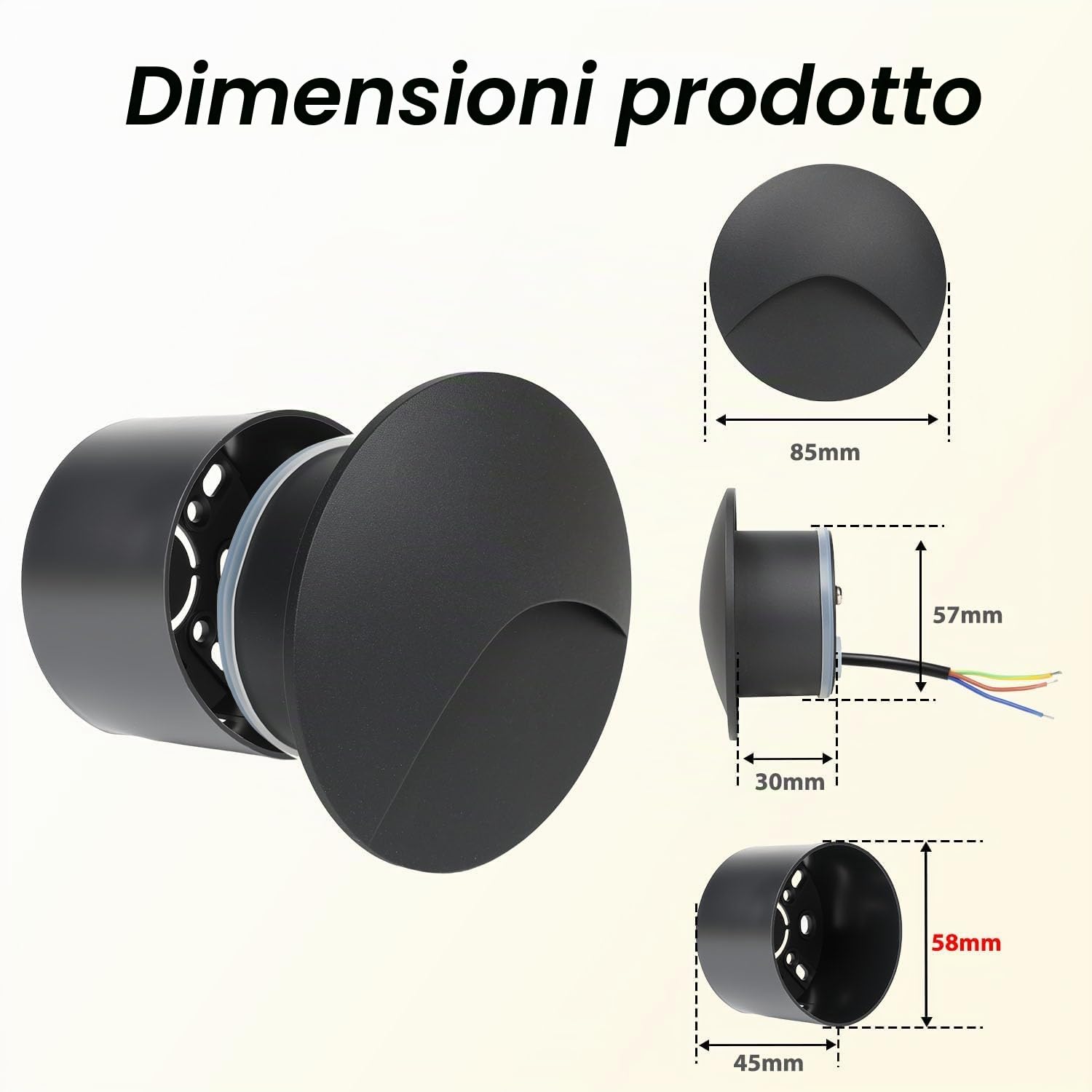 8 Pezzi segnapasso led 3W 3000K Alu, Applique da Parete LED incasso per scale, 60mm IP44 luci scale con scatola da incasso illuminazione da parete, per Interno esterno giardino, guscio nero