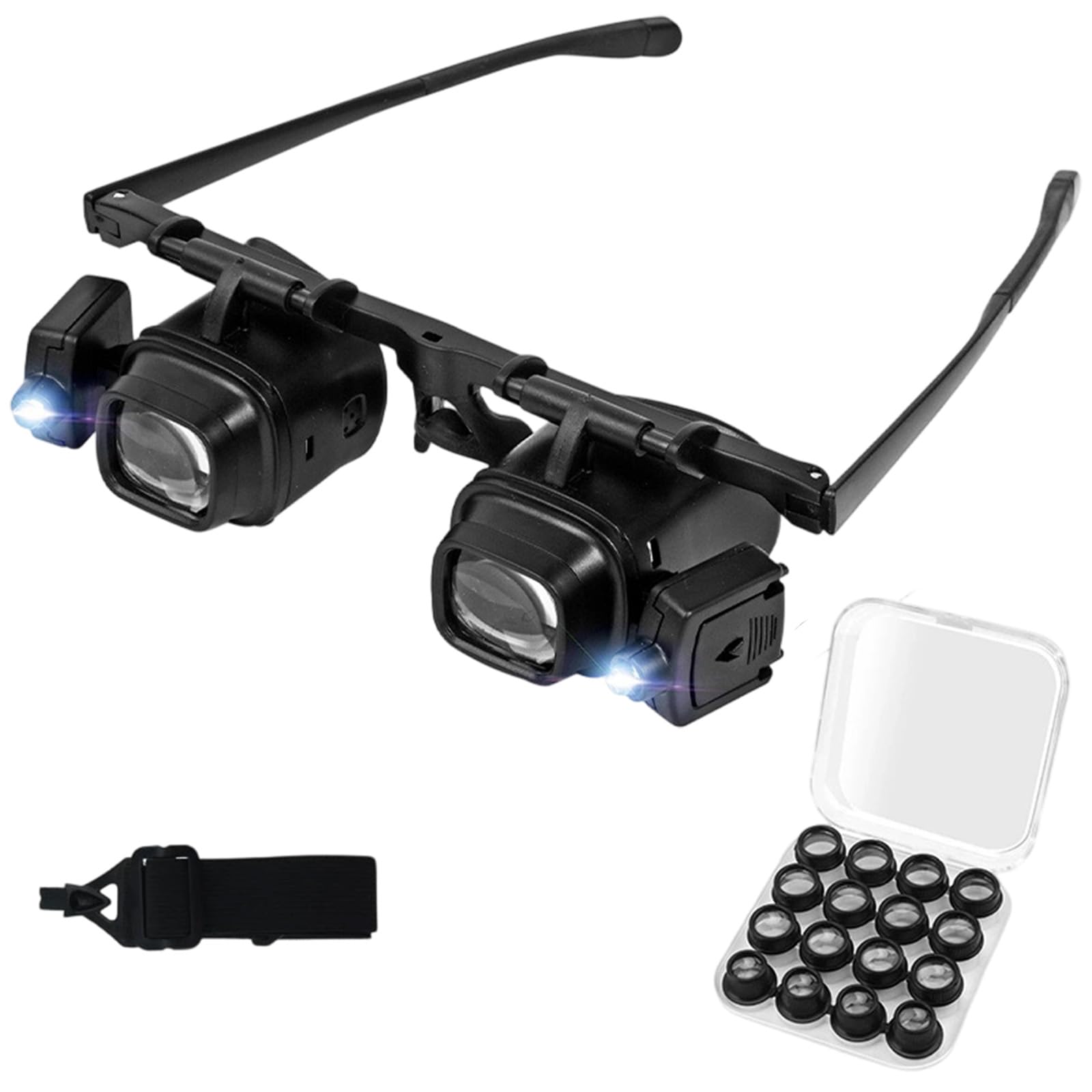 Precision LED Magnifier Glasses, 2X to 24X Interchangeable Lenses Magnifying Glasses for Hobbies Crafts Jewellers Close Work, Magnifier with Dual LED, Hands Free (25X)