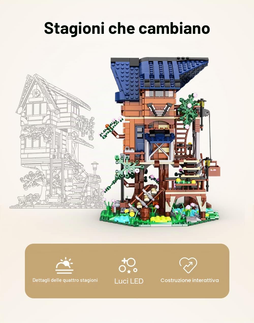 CaDA Four Seasons Story Tree House Set di Costruzioni, 1155 Pezzi, Casa sull'Albero con Tetto Blu, Dettagli Naturali e Accessori