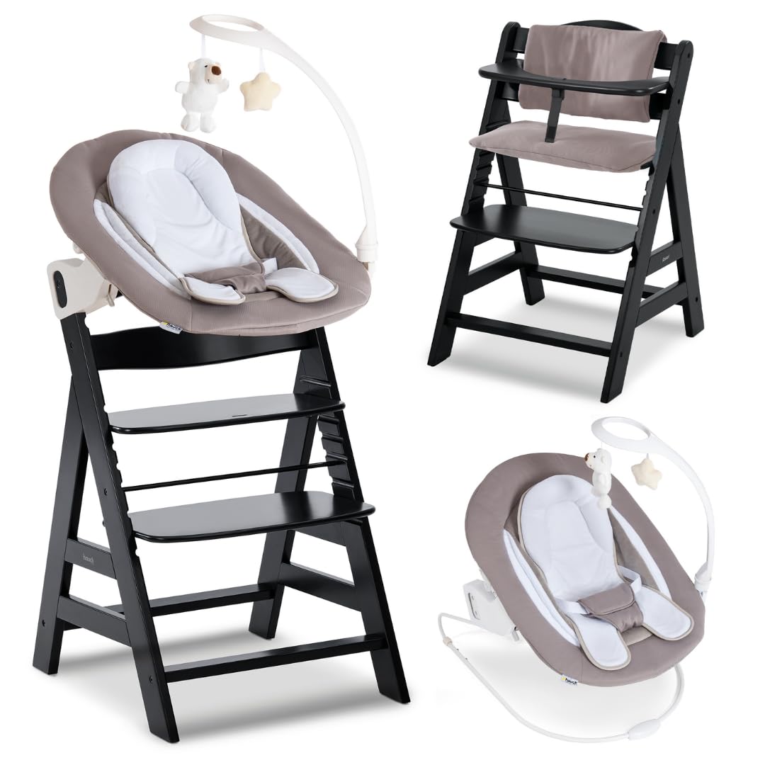 hauck Alpha Plus Newborn Set Deluxe Trona Evolutiva Bebe con Hamaca, Cojín y Arnés - Hamaca Alta Reclinable desde el Nacimiento - Silla Madera Niño Regulable - Tronas Infantiles de Madera - Negro | Trona de madera para niños desde el nacimiento hasta 90 k