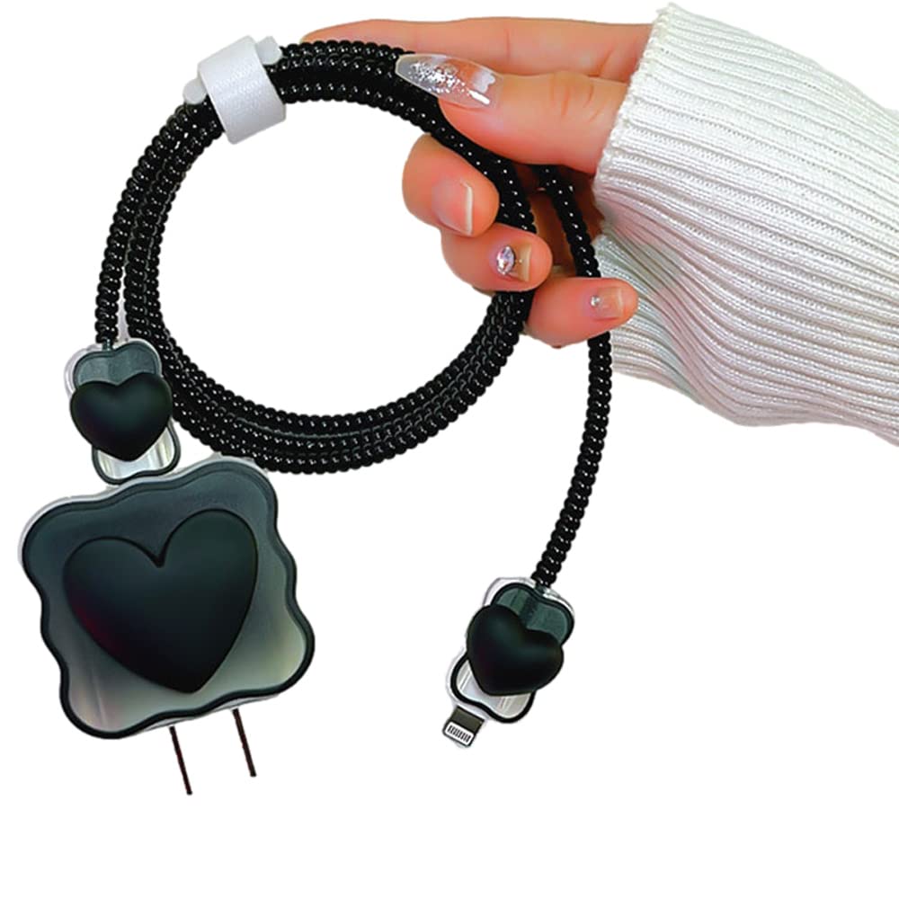 ZOSTLAND5 in 1 DIY 18W 20W Heart Shape Protector Data Cable USB Charger Line Earphone Wire Saver Organizer Compatible with iPhone 11 12 13 14 15 Pro Max (Love Black)