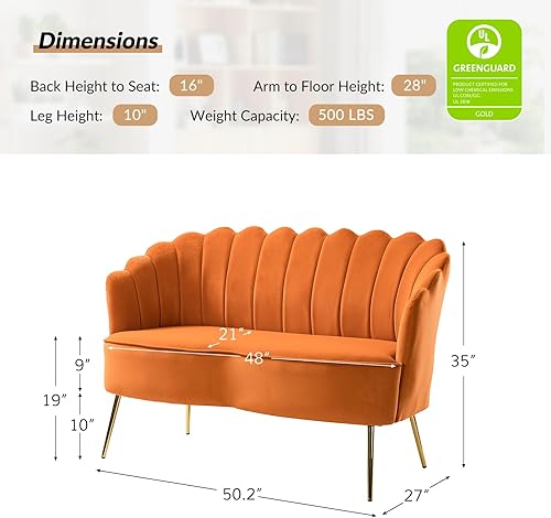 Miniatura 25 de HULALA HOME Moderno sofá biplaza de terciopelo con respaldo en forma de flor, cómodo sofá tapizado de 2 plazas con patas de metal dorado, sofá