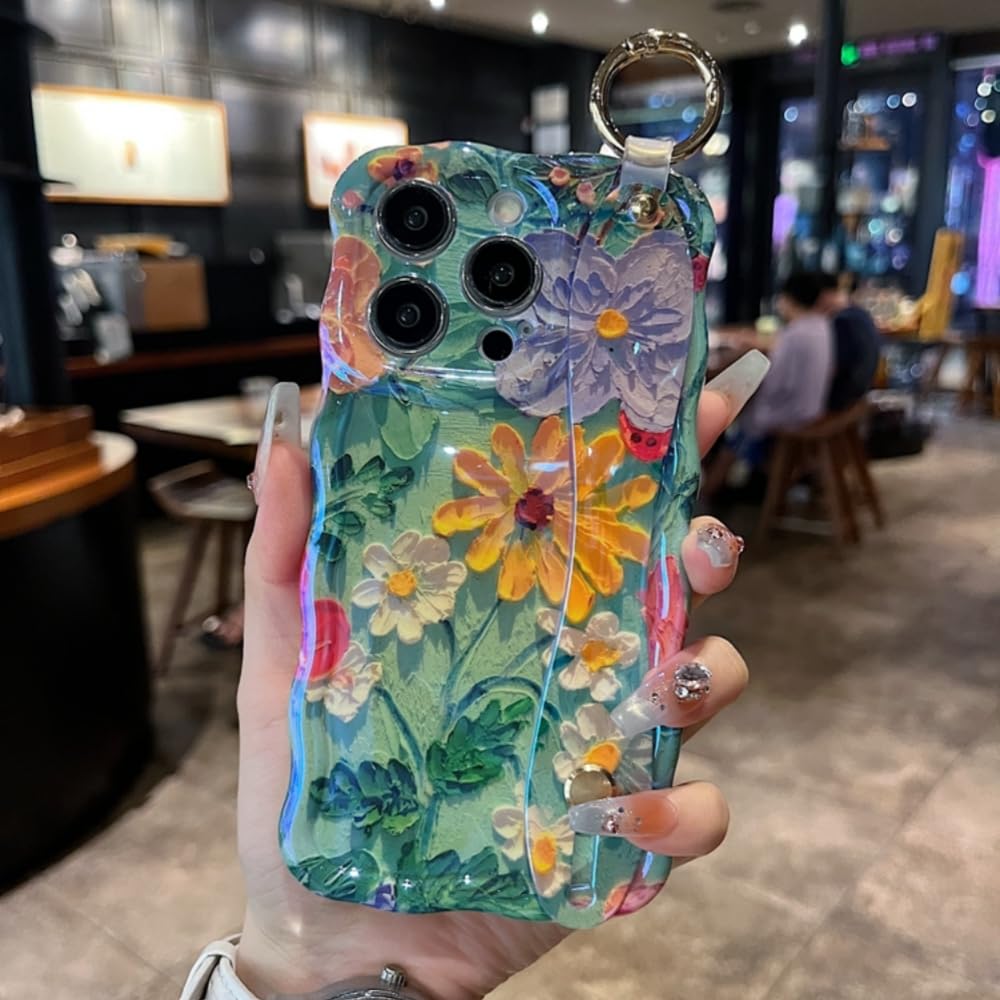 UEEBAI IPhone 16 Pro Hülle – Buntes Ölgemälde-Blumenmuster, Mit Griff & Ständerfunktion, TPU, Welliger Rand