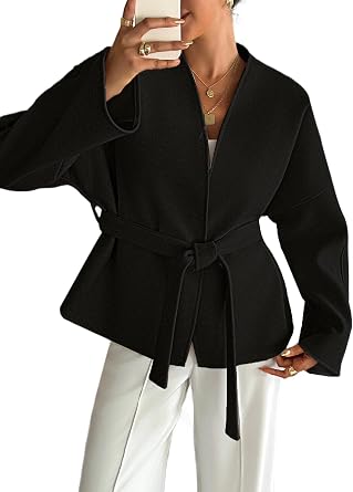 CXINS Women Solid Color V Neck Blazer Wool Blend Casual Business Office Open Front Short Jacket 2025 Peacoat with Belt