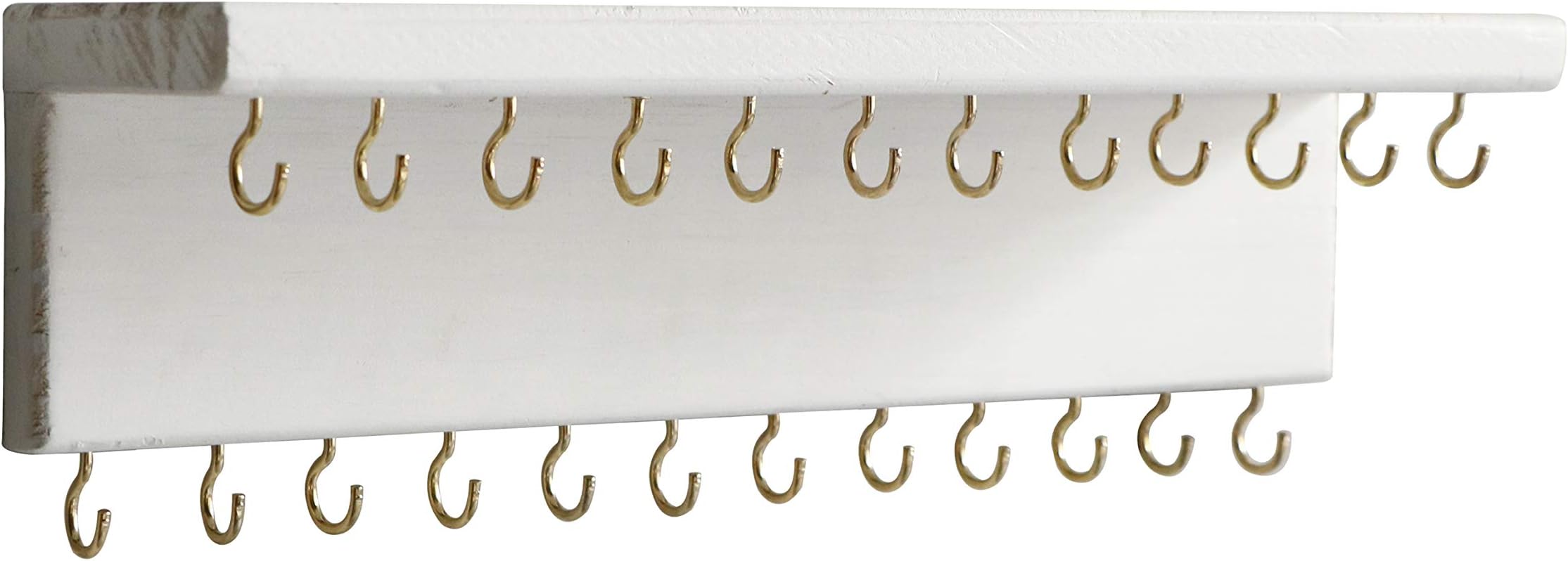 SANY DAYO HOME Jewelry Organizer with 24 Hooks and Cosmetics Shelf, 12 x 3 x 4 inches Wall Mounted Rustic Pine Wood Holder for Necklaces and Bracelets, Suitable for Kids and Adults (Retro White)