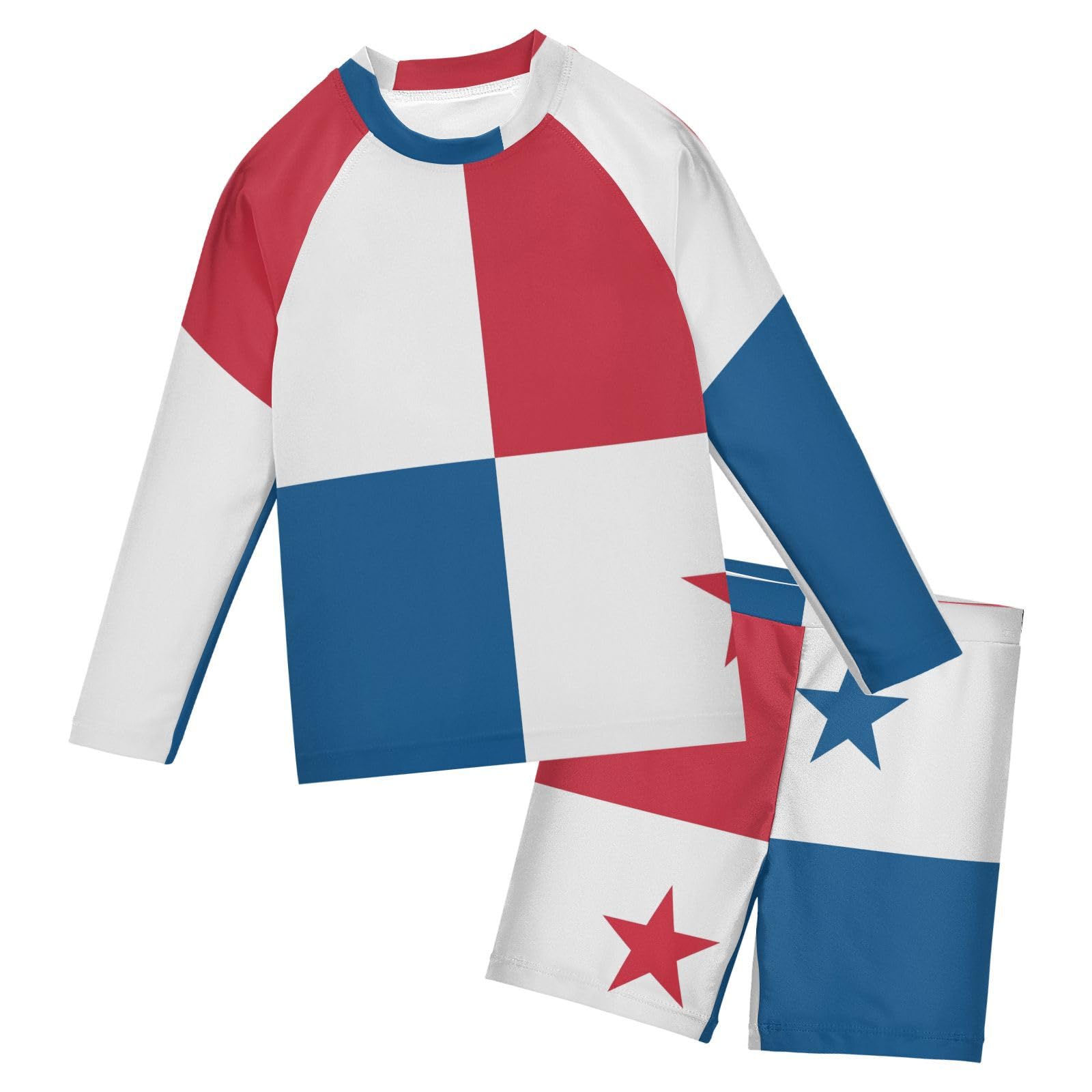 Aflyko Patriot Boys' Rash Guard Set Panama Flag Crewneck Swim Shirt with Jammer Stretchy Beach Shorts Comfortable Fit Summer Daily Wear, 7-8T Multicoloured