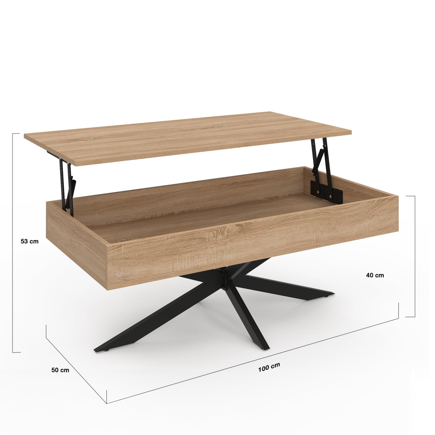 IDMarket - Tavolino rettangolare ALIX da 100 cm con piano sollevabile e gambe a ragno in legno e nero