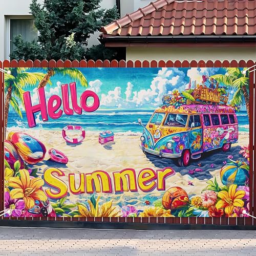 Image of 71x43 Inch Hello Summer Banner Retro Camper Van Beach Backdrop Floral Tropical Yard Decorations Seasonal Outdoor Decor Fence Sign