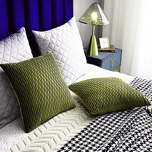 Dezene 18X18 Moss Green Throw Pillow Cases: 2 Pack Original Striped Velvet Square Decorative Pillow Covers For Farmhouse Couch #TOP6