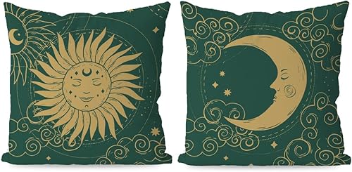 Juego de 2 fundas de almohada misteriosas de astronomía y astrología retro, el sol y la luna, universo de mediados de siglo, 18 x 18 pulgadas,